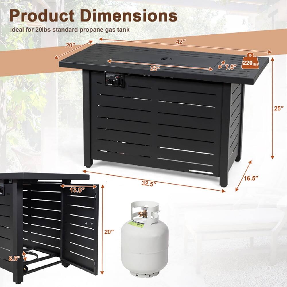 Product Dimensions  
Ideal for 20lbs standard propane gas tank

- 20" (width)
- 42" (length)
- 23" (depth)
- 7.5" (height from top to control panel)
- 25" (overall height)
- 13.5" (width of drawer)
- 20" (height of drawer section)
- 8.5" (width of gas tank compartment)
- 16.5" (depth of gas tank compartment)
- 32.5" (overall depth)
- 220 lbs (weight capacity)