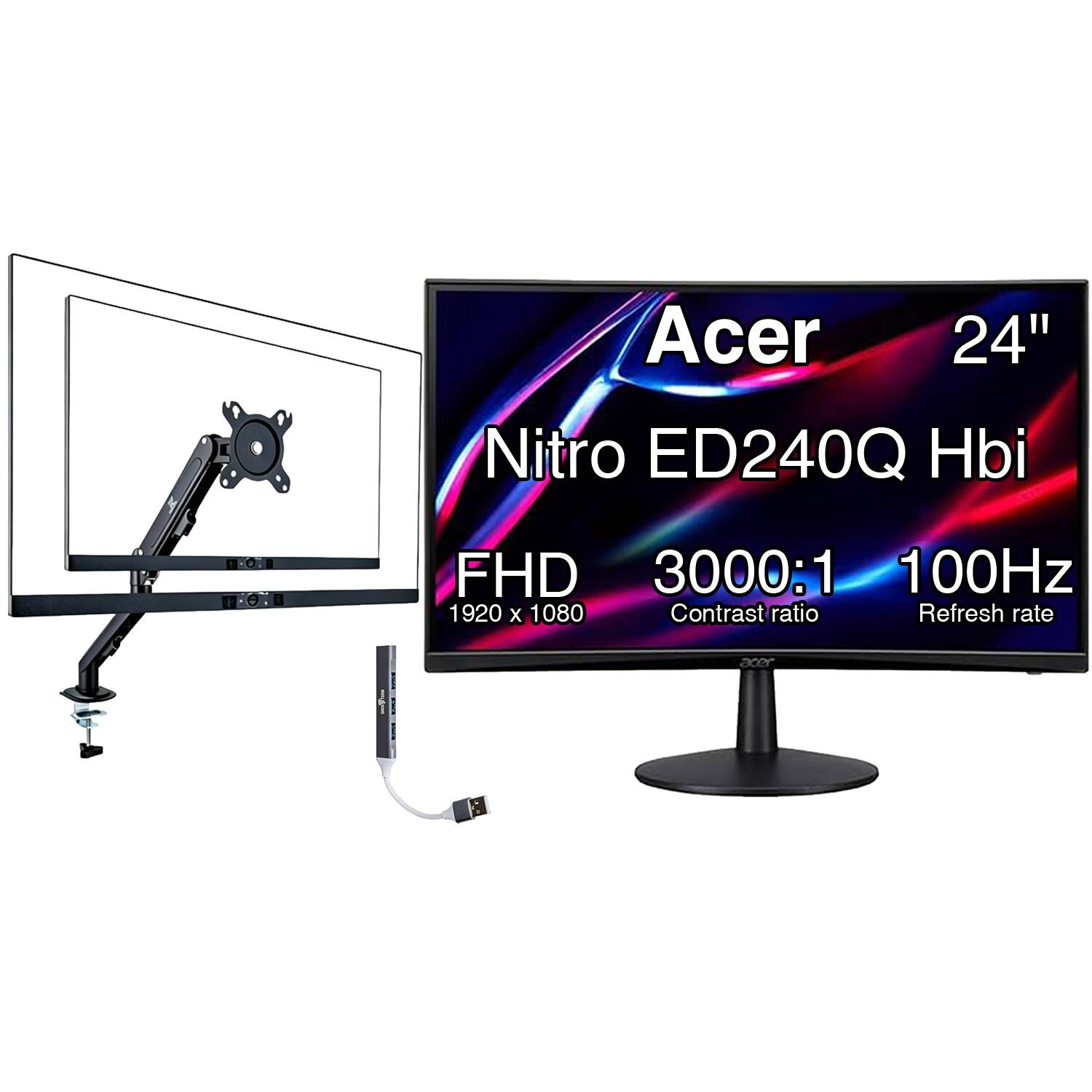 Acer - Nitro ED240Q FreeSync FHD Monitor, VESA Mount (100mm), HDMI w/DKZ Hub, (UM.UE0AA.H01) & Ergoflexy Single Mount Arm - Black