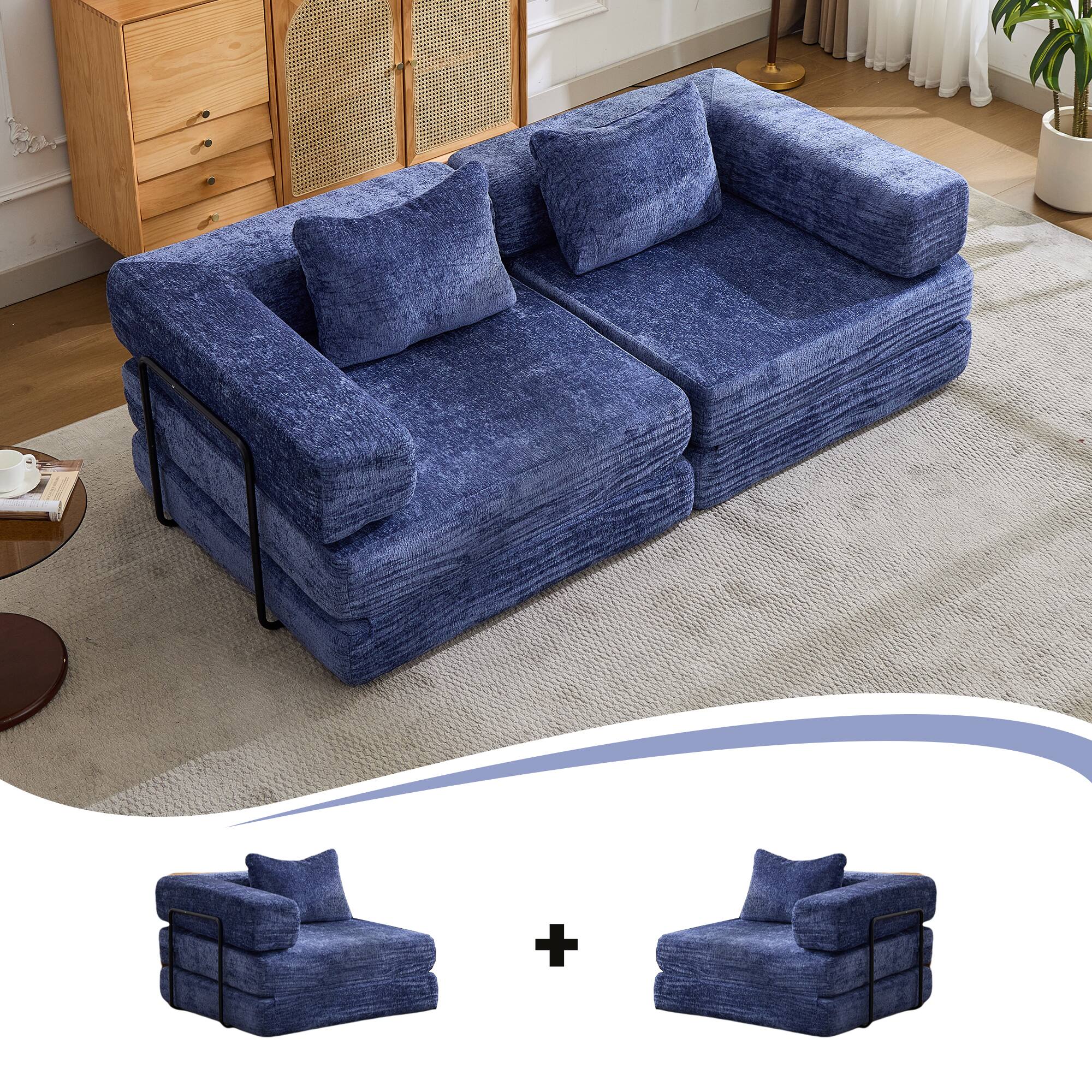 Alt View 5. Whisen - Chenille Convertible Floor Sofa Bed, Modular 2-Seater Loveseat, Memory Foam Sleeper for Living Room - Dark Blue.
