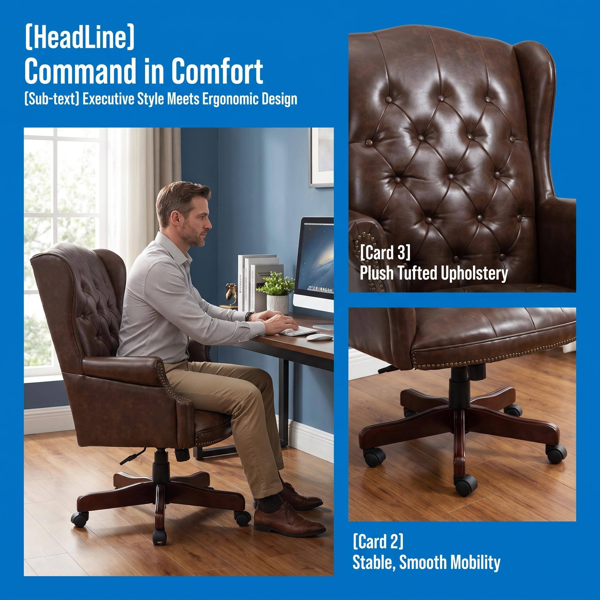 [HeadLine] Command in Comfort  
[Sub-text] Executive Style Meets Ergonomic Design  
[Card 3] Plush Tufted Upholstery  
[Card 2] Stable, Smooth Mobility