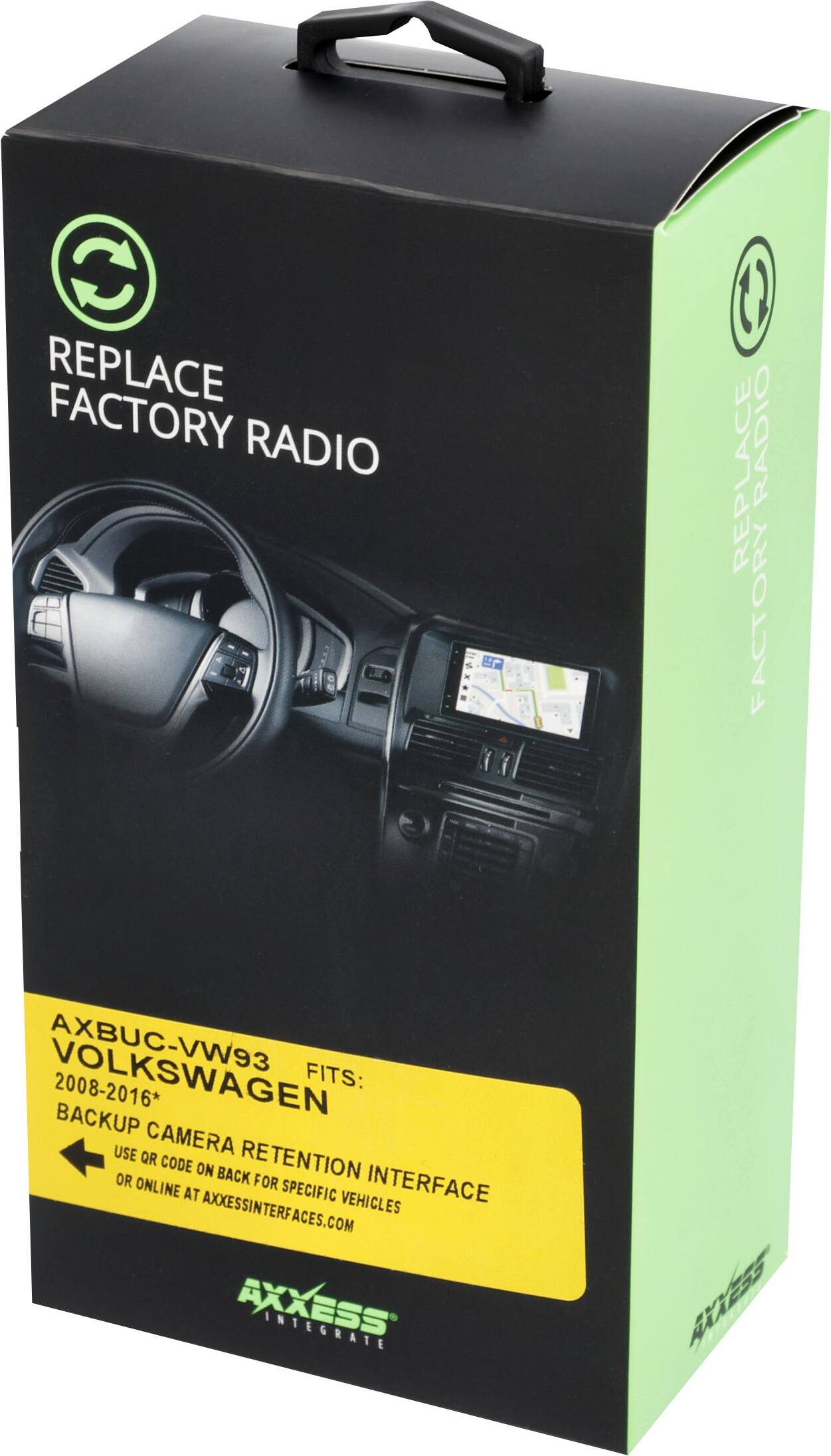 REPLACE FACTORY RADIO

AXBUC-VW93
VOLKSWAGEN
2008-2016*

BACKUP CAMERA RETENTION INTERFACE

FITS:
2008-2016*

USE QR CODE ON BACK OR ONLINE AT AXCESSINTERFACES.COM FOR INTERFACE AT SPECIFIC VEHICLES

AXCESS INTEGRATE