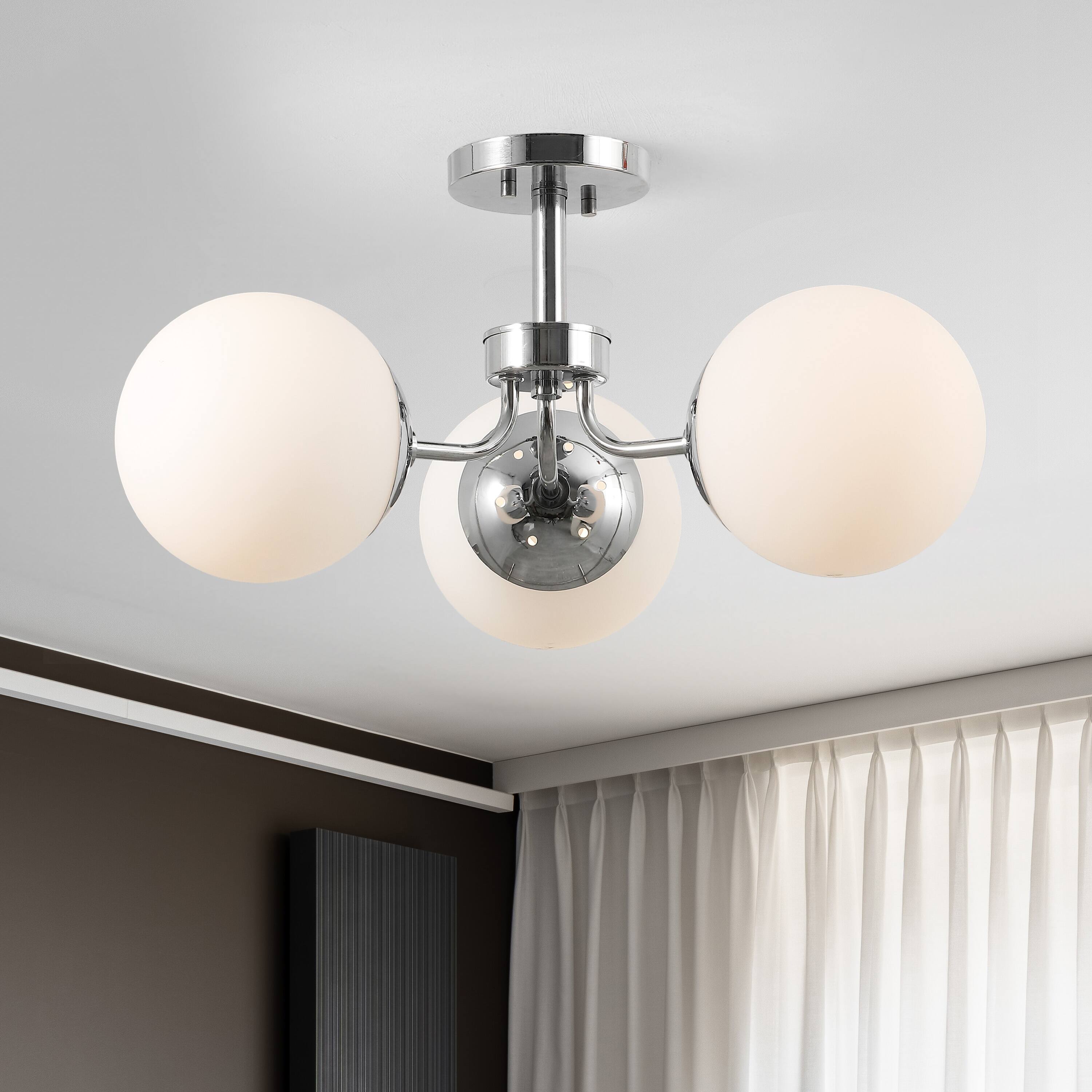 Alt View 1. Jonathan Y - Olivier 23.5" 3-Light Bohemian Farmhouse Iron/Frosted Glass LED Semi Flush Mount, Chrome - Chrome.