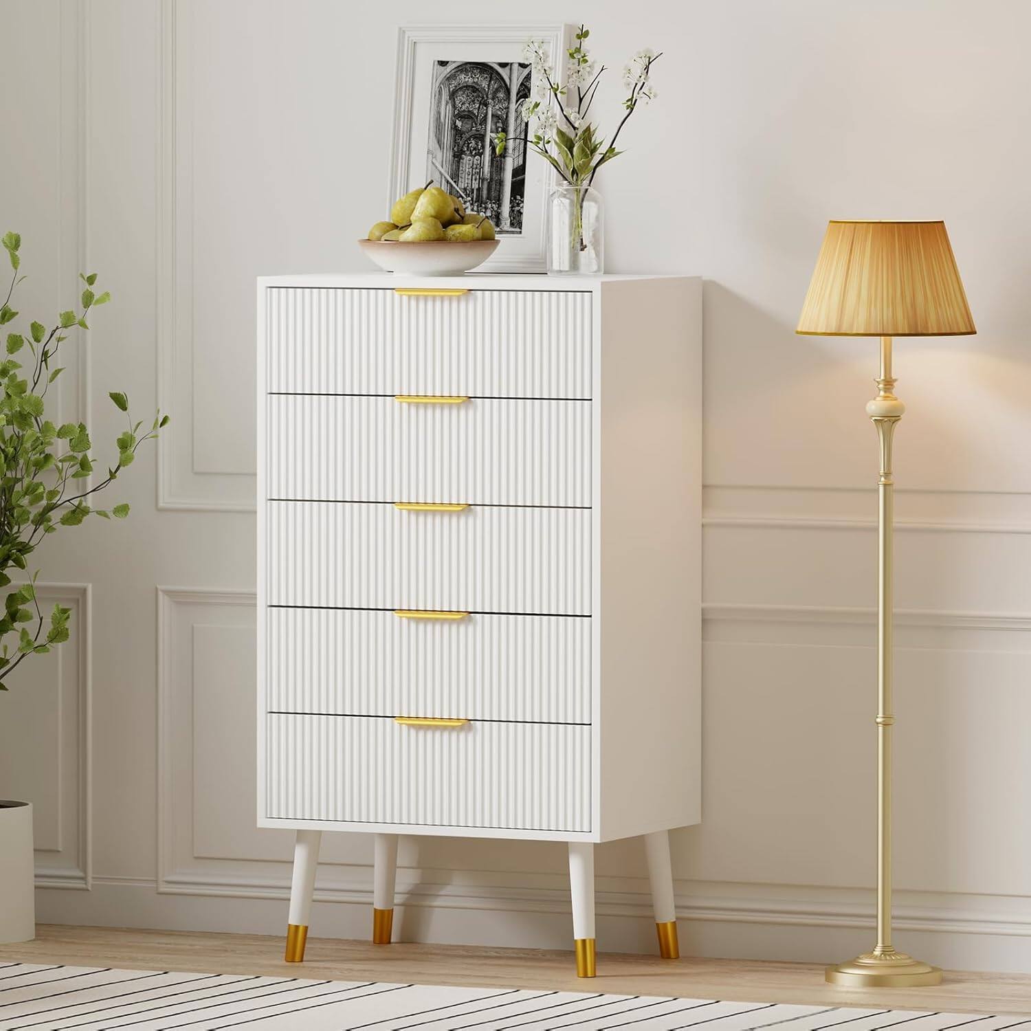 Angle. GARVEE - 5 Drawer Dresser for Bedroom, Modern Closet Dressers Chest of Drawers, Wood Storage Dresser Chest Cabinet Organizer Unit - White.