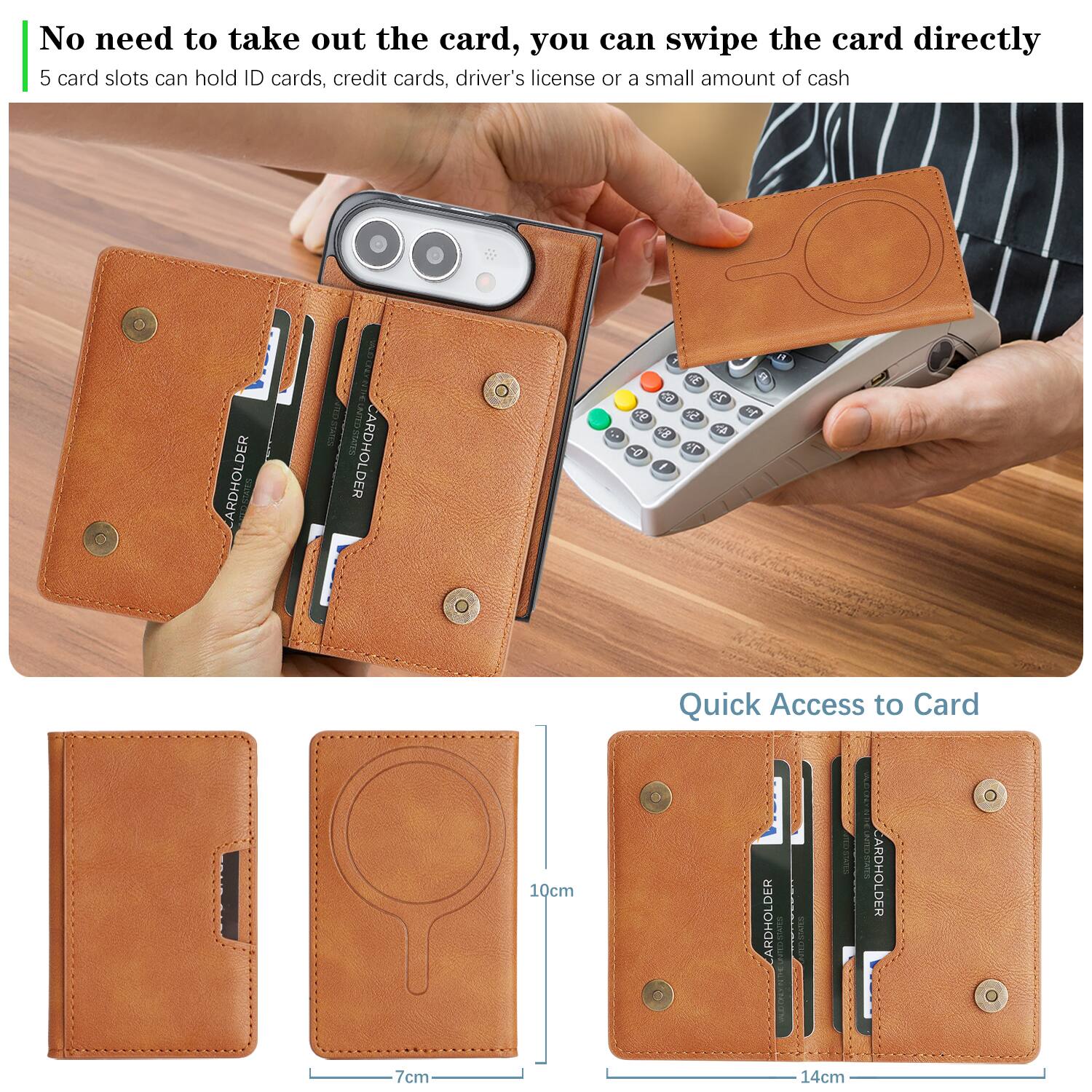 No need to take out the card, you can swipe the card directly  
5 card slots can hold ID cards, credit cards, driver's license or a small amount of cash

CARDHOLDER  
UNITED STATES CARDHOLDER  
E 62 22 93 5. , 48 4h 0-  1

F1  
7cm  
10cm  
Quick Access to Card  
CARDHOLDER COOKED CARDHOLDER 2018 [ 14cm