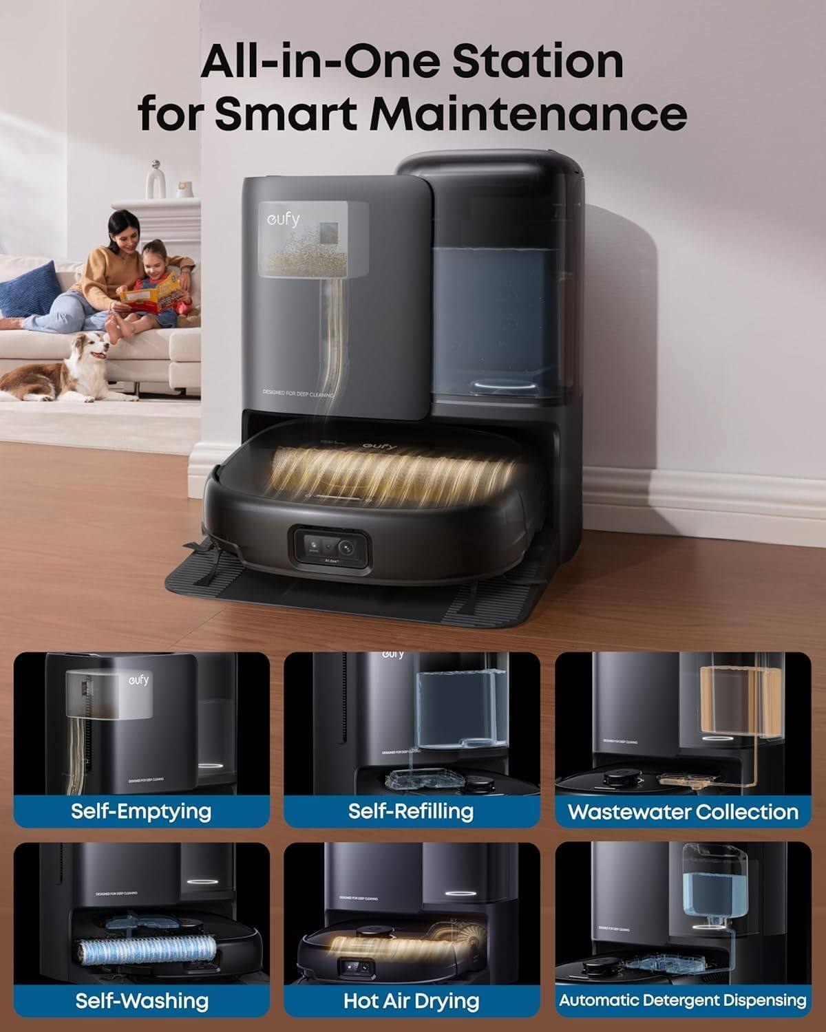 All-in-One Station for Smart Maintenance

- Self-Emptying
- Self-Refilling
- Wastewater Collection
- Self-Washing
- Hot Air Drying
- Automatic Detergent Dispensing