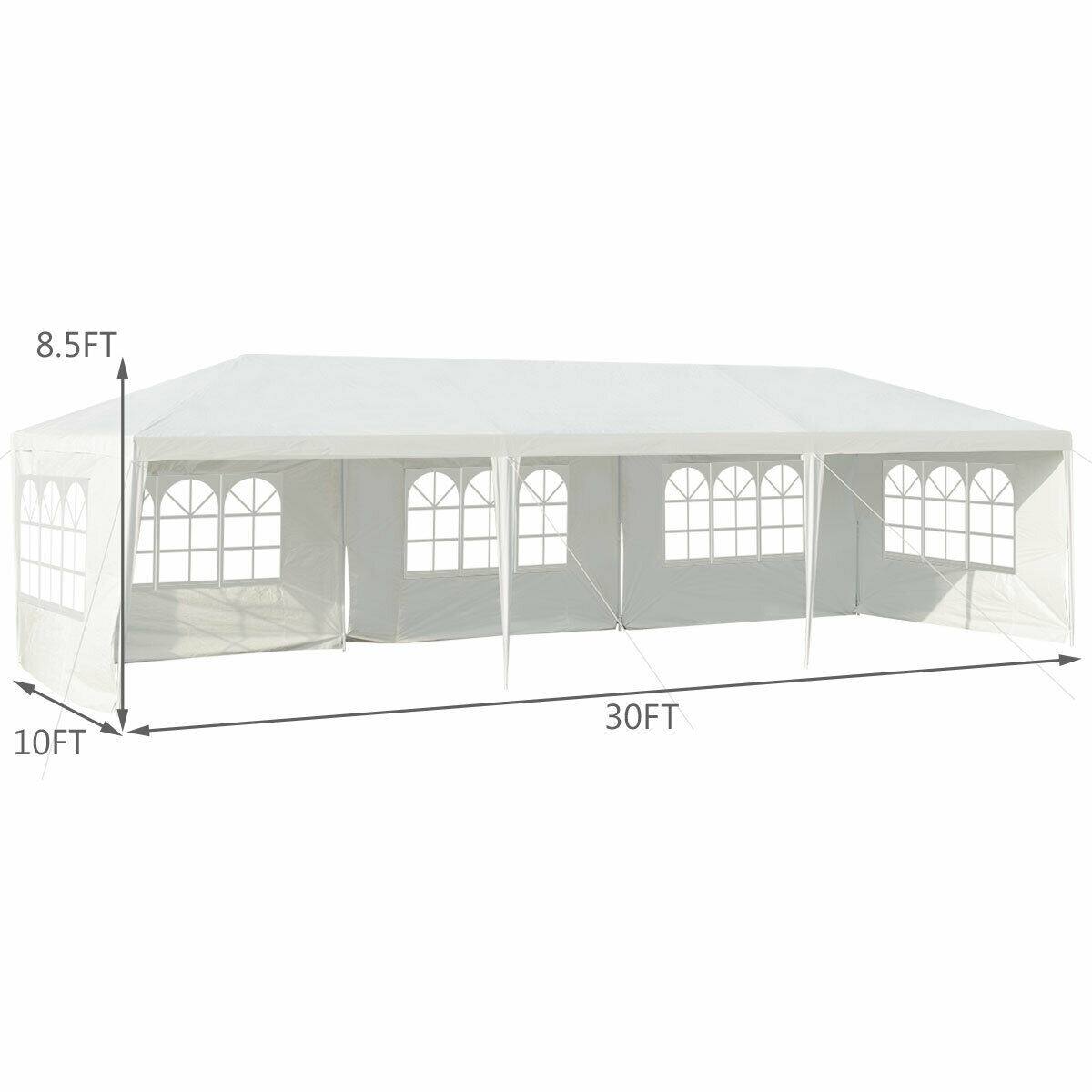 The dimensions of the tent are 8.5 feet in height, 10 feet in width, and 30 feet in length.