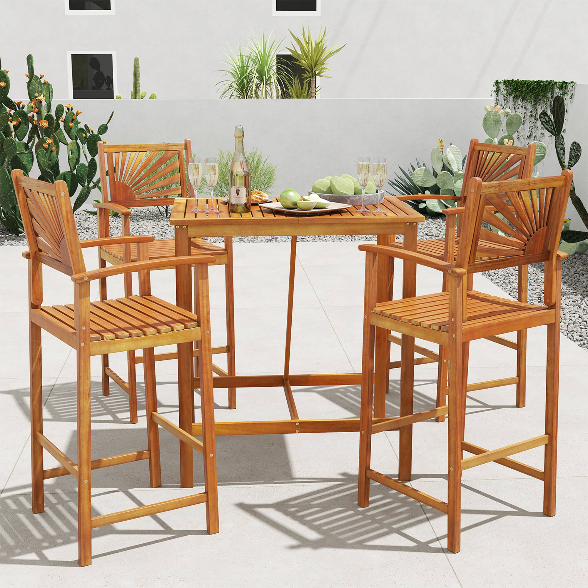 Alt View 3. Gymax - Gymax Set of 4 Outdoor Acacia Wood Bar Stools Bar Height Patio Chairs w/ Backrests - Natural.