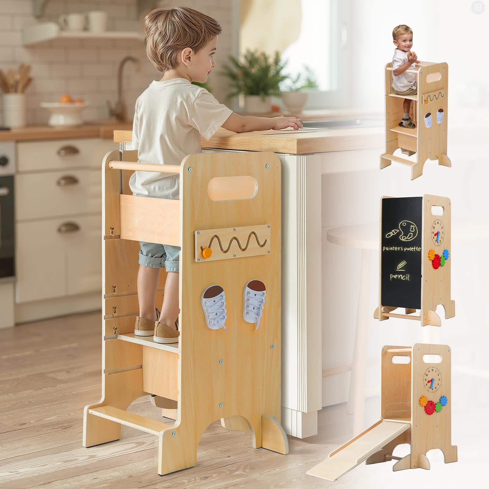 Koligey - Toddler Tower 4-in-1 Multifunctional Kitchen Stool Helper with Removable Safety Board, Adjustable Heights - Brown