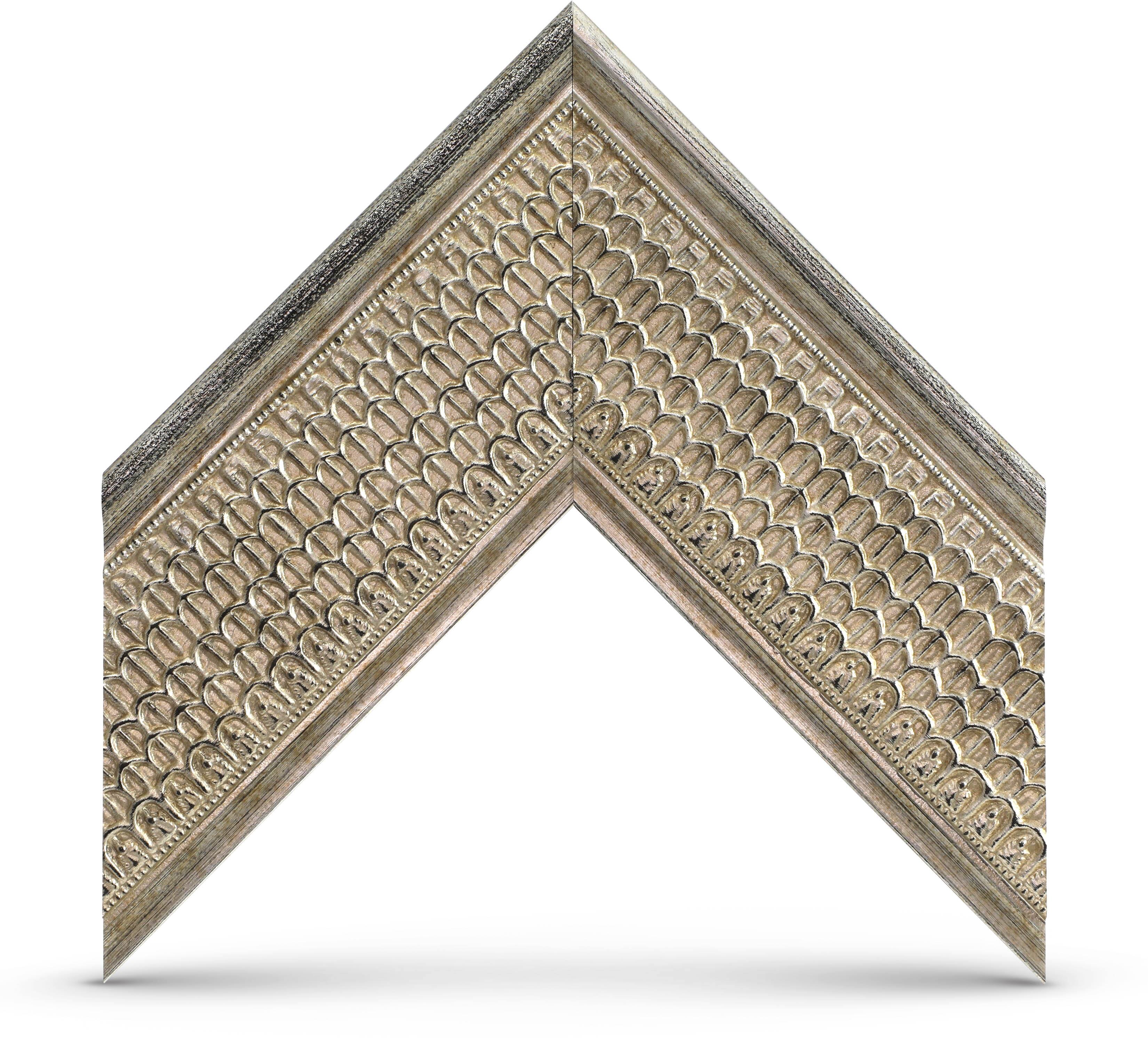 The image features a decorative metal frame with a unique design, which is categorized as Monitor and Television Frames. The frame is made up of two triangular pieces, with one piece being larger than the other. The larger piece is positioned on the left side of the image, while the smaller piece is on the right side. The overall design of the frame is intricate and eye-catching, making it an attractive addition to any space.