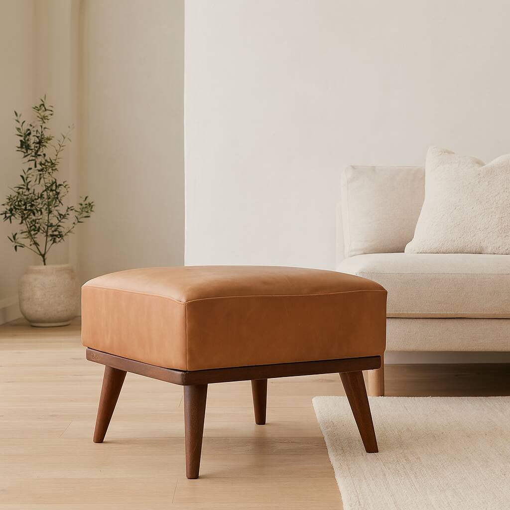 Angle. Artisan Furniture - Artisan Furniture Solid Wood Tan Buffalo Leather Upholstered Footstool, Tan  and Brown - Brown.