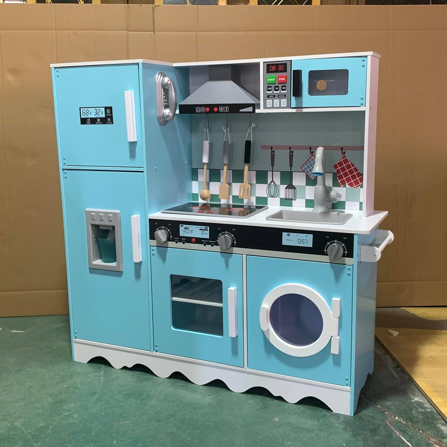 Lil' Jumbl - Large Kids Kitchen Set, Wooden Pretend Play Kitchen with Icemaker, Microwave & More - Blue