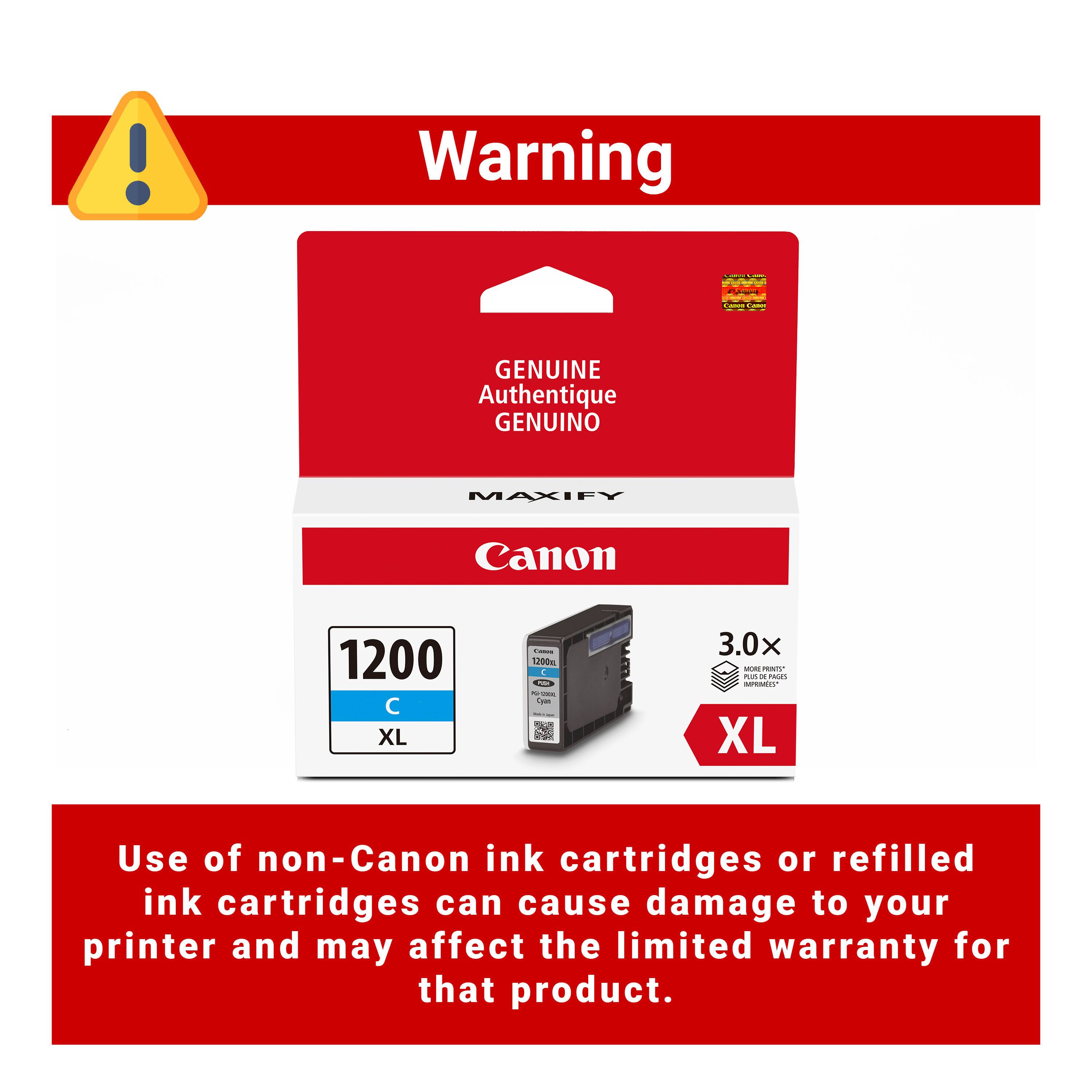 Warning

GENUINE Authentique GENUINO

MAXIFY Canon 1200 C XL

- 100m
- 3.0x
- XL

Use of non-Canon ink cartridges or refilled ink cartridges can cause damage to your printer and may affect the limited warranty for that product.