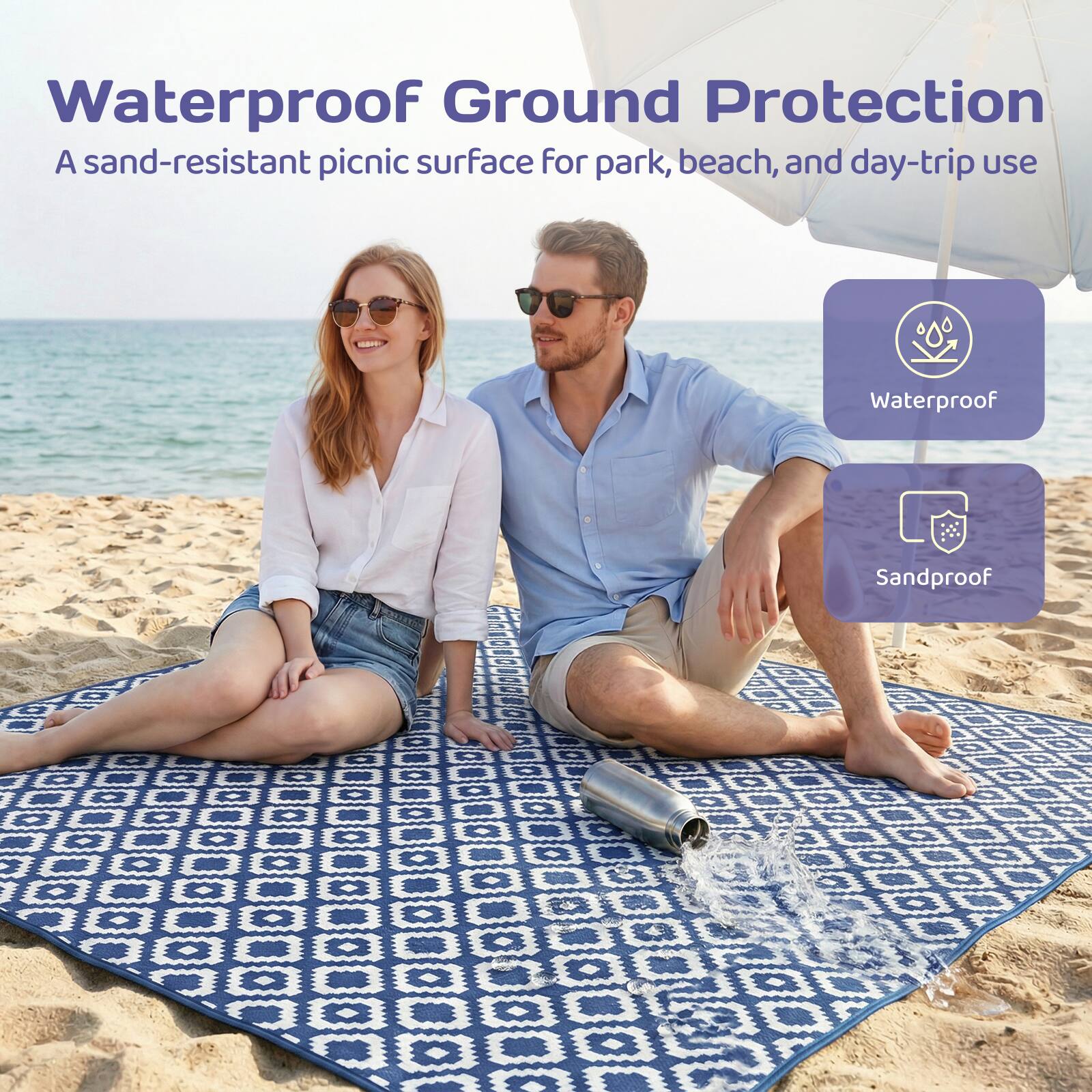 Waterproof Ground Protection  
A sand-resistant picnic surface for park, beach, and day-trip use  

Waterproof  
Sandproof