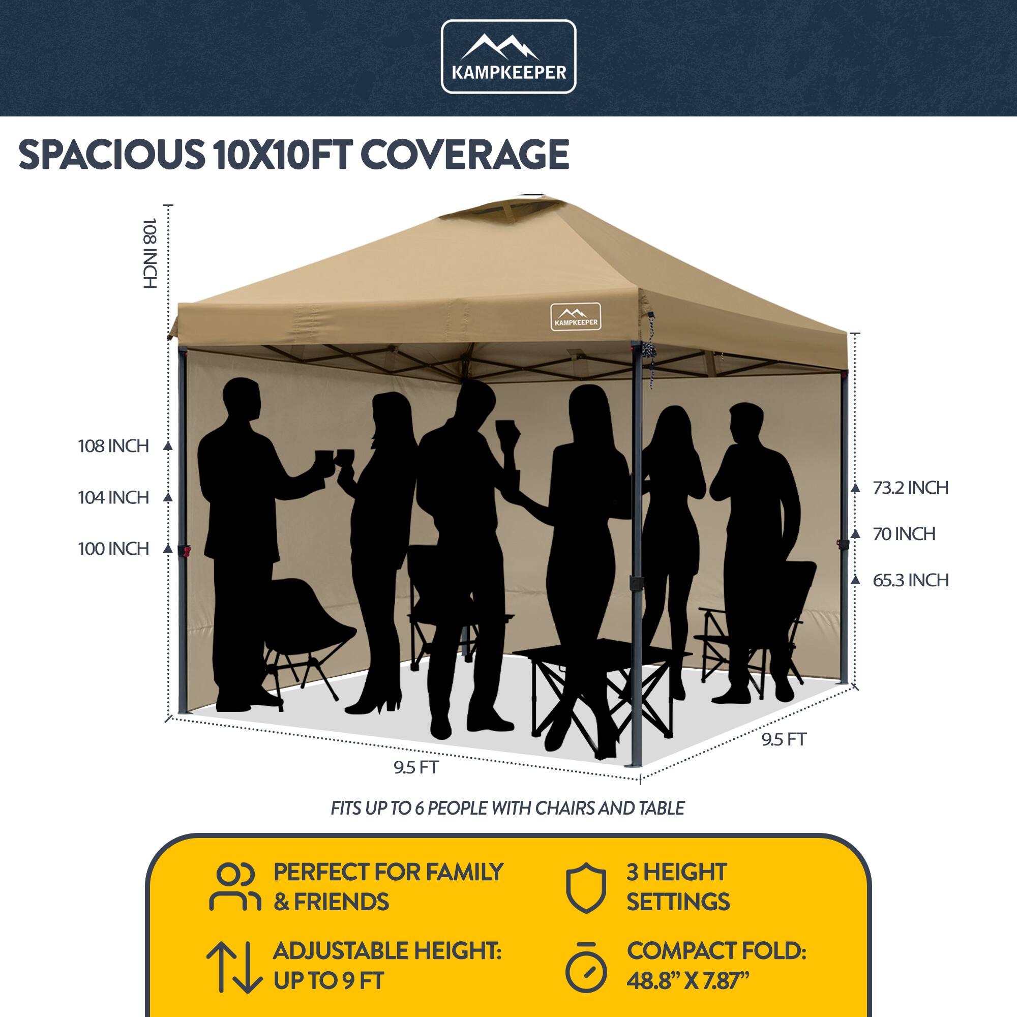 KAMPKEEPER SPACIOUS 10X10FT COVERAGE  
108 INCH CAMPKEEPER  
108 INCH  
104 INCH  
73.2 INCH  
100 INCH  
70 INCH  
65.3 INCH  
9.5 FT  
9.5 FT  
FITS UP TO 6 PEOPLE WITH CHAIRS AND TABLE  
PERFECT FOR FAMILY & FRIENDS  
3 HEIGHT SETTINGS  
ADJUSTABLE HEIGHT: UP TO 9 FT  
COMPACT FOLD: 48.8" X 7.87"