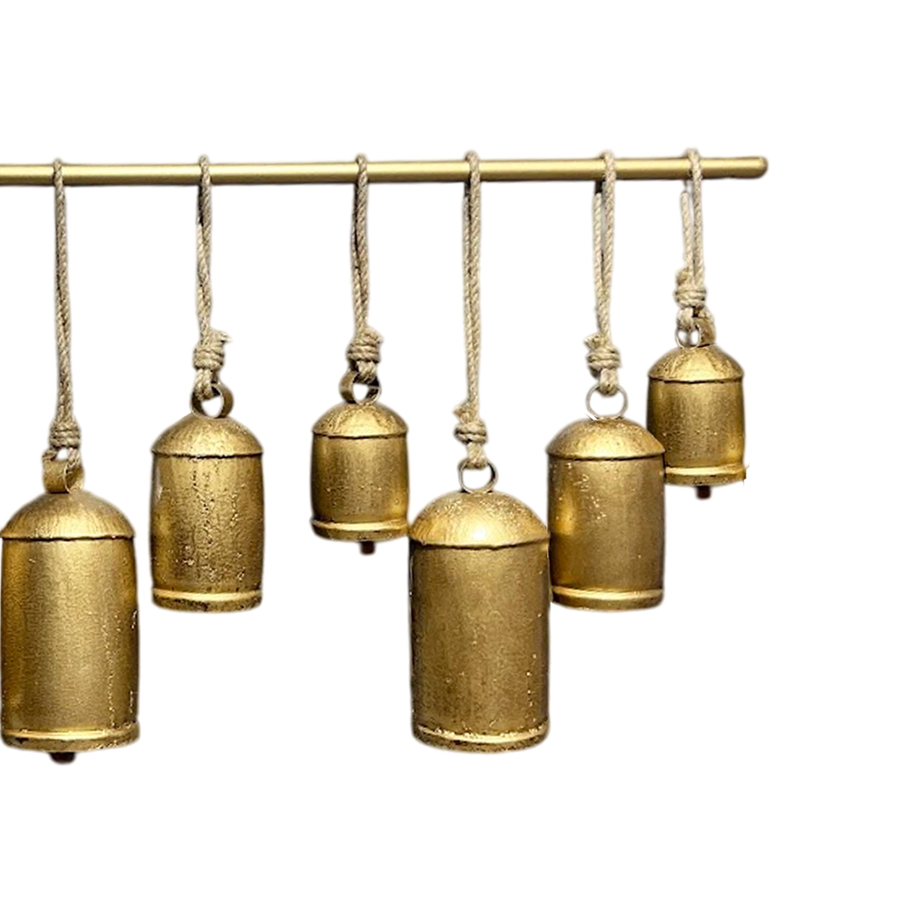 Alt View 3. Manhattan Lane - Neyra Iron Cow Bells Wall Decor 48 Inch Wide Decorative, Antique Gold Finish, Jute Hanging Rope - Gold.