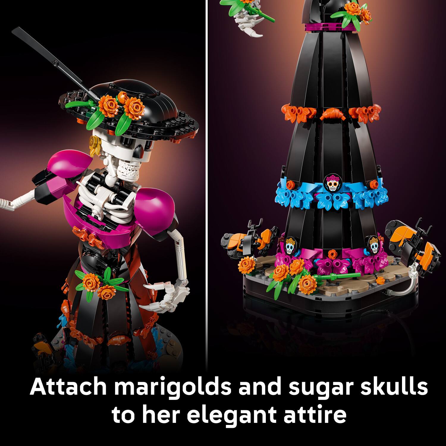 Attach marigolds and sugar skulls to her elegant attire