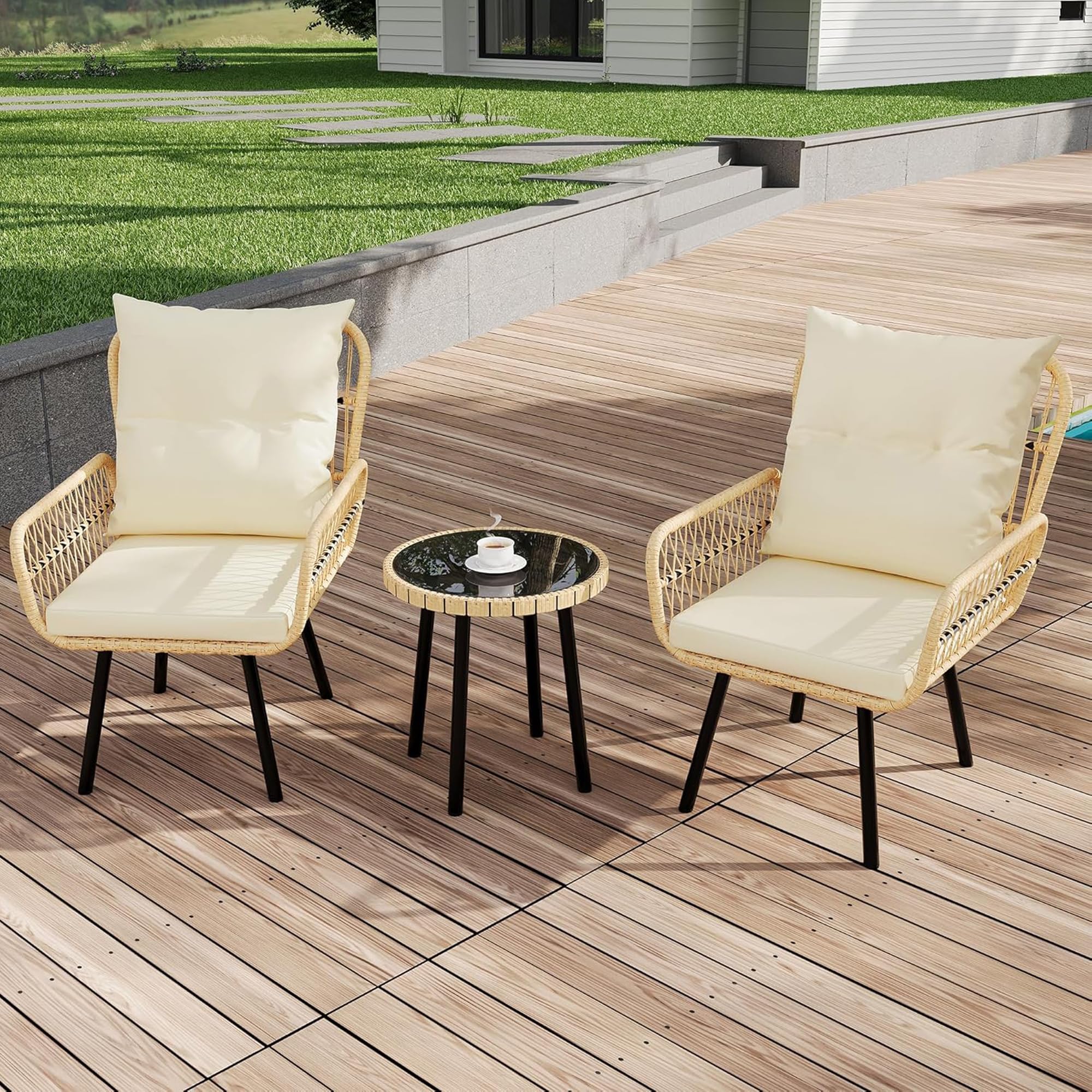 Front. Homhougo - 3 Piece Outdoor Wicker Patio Bistro Set, Rattan Conversation Set with Glass Top Coffee Table - Beige.