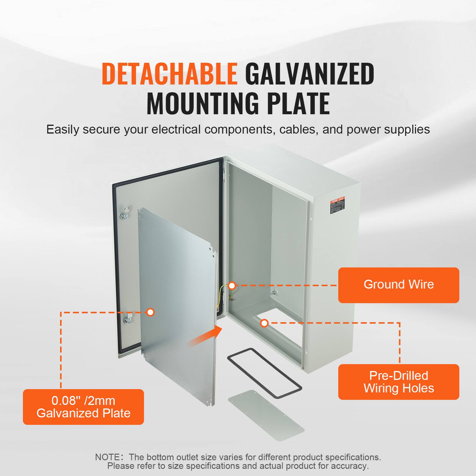 DETACHABLE GALVANIZED MOUNTING PLATE

Easily secure your electrical components, cables, and power supplies

Ground Wire 0.08" /2mm Galvanized Plate Pre-Drilled Wiring Holes

NOTE: The bottom outlet size varies for different product specifications. Please refer to size specifications and actual product for accuracy.