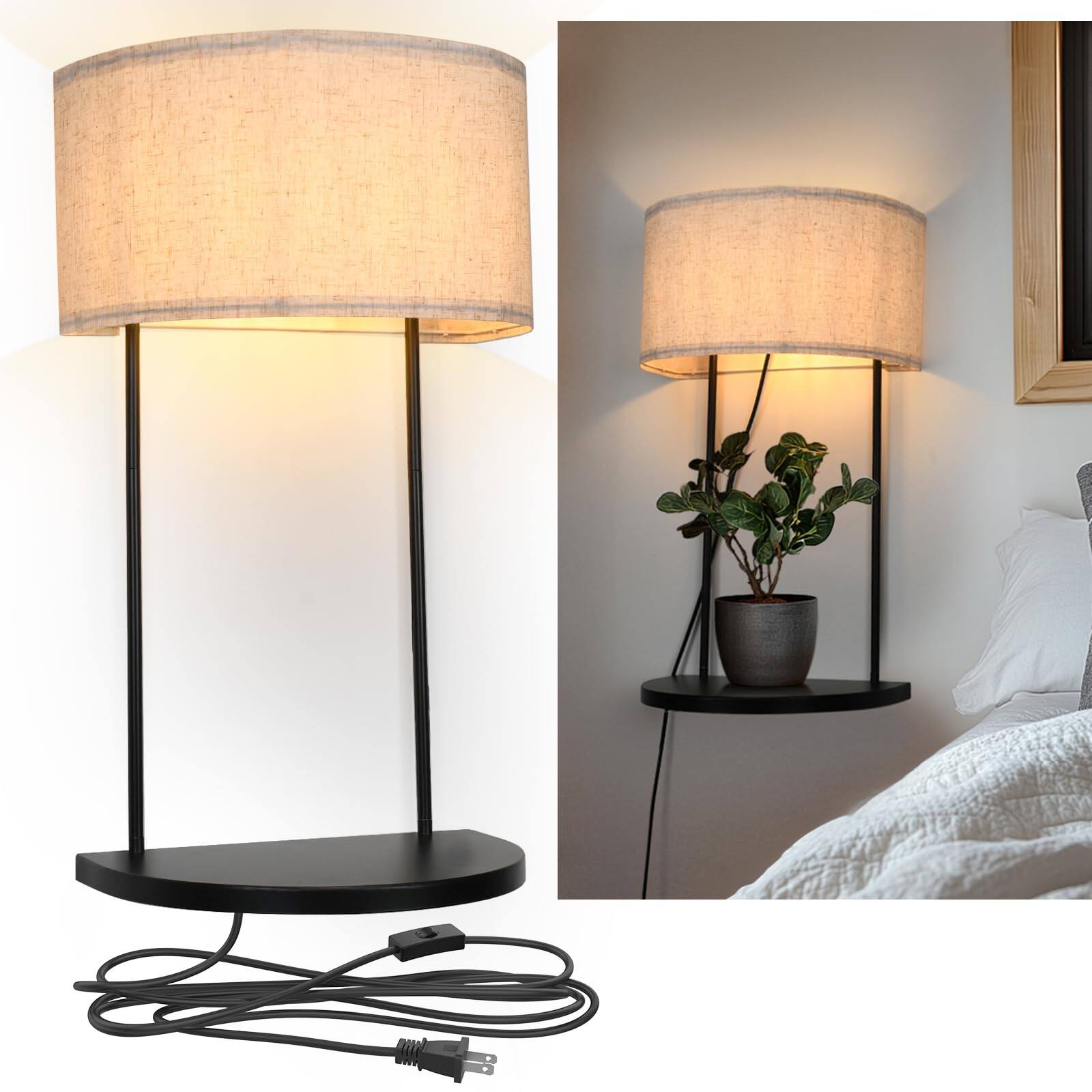 Front. TECH SAFARI - Plug In Wall Sconce With Shelf Modern Lamp For Bedroom And Living Room Linen Fabric Shade Light Ideal Bedsi - Beige.