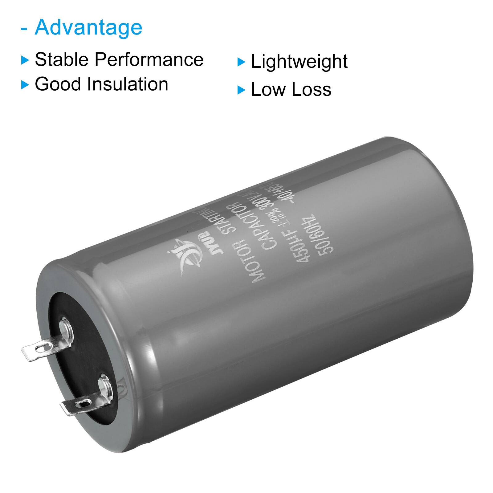 - Advantage
  - Stable Performance
  - Good Insulation
  - Lightweight
  - Low Loss

300V.A -40/+650 STARTING CAPACITOR +20% JYUP MOTOR 450MF 50/60Hz