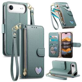 Dteck - PU Leather Wallet Case for Apple iPhone Air with Wrist Strap Zipper Pocket, Shockproof Protective Folio Kickstand Cover - Blue