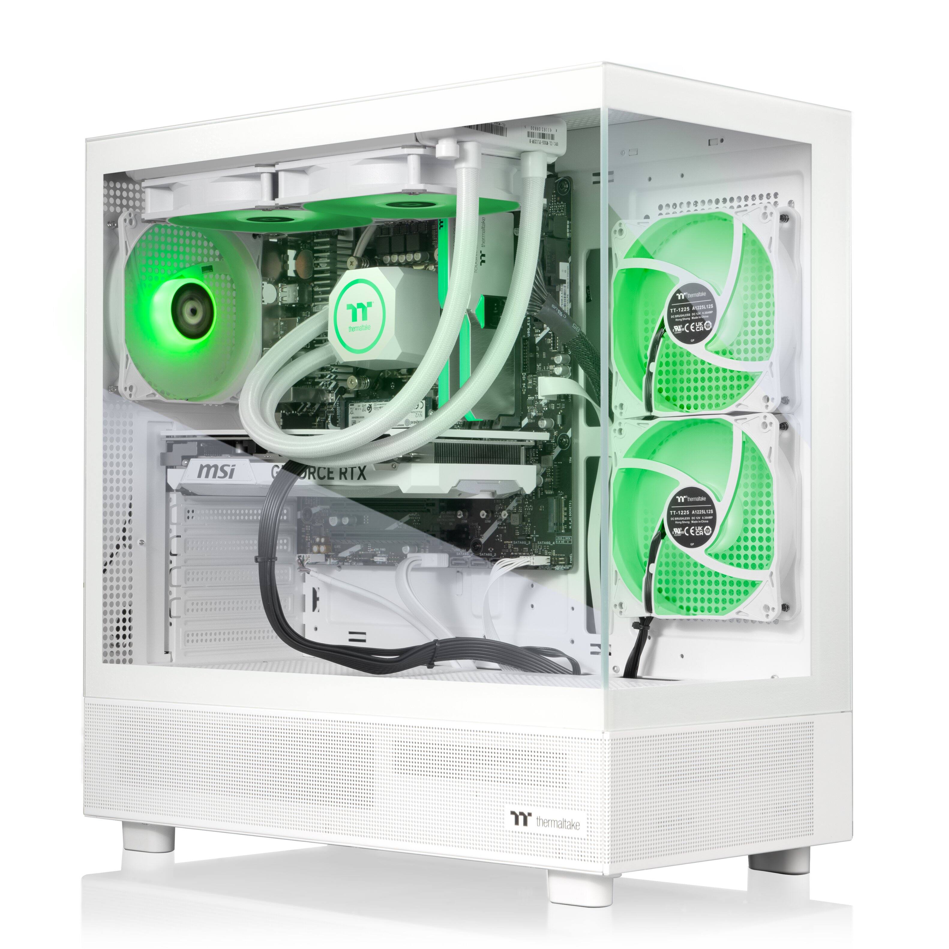 The image features a white computer tower with green fans and a green light. The fans are positioned on both sides of the tower, and there are two fans on the left side and one fan on the right side. The computer tower is equipped with a green light that illuminates the interior, showcasing the internal components. The fans and the green light contribute to the overall aesthetic of the computer tower, making it visually appealing.