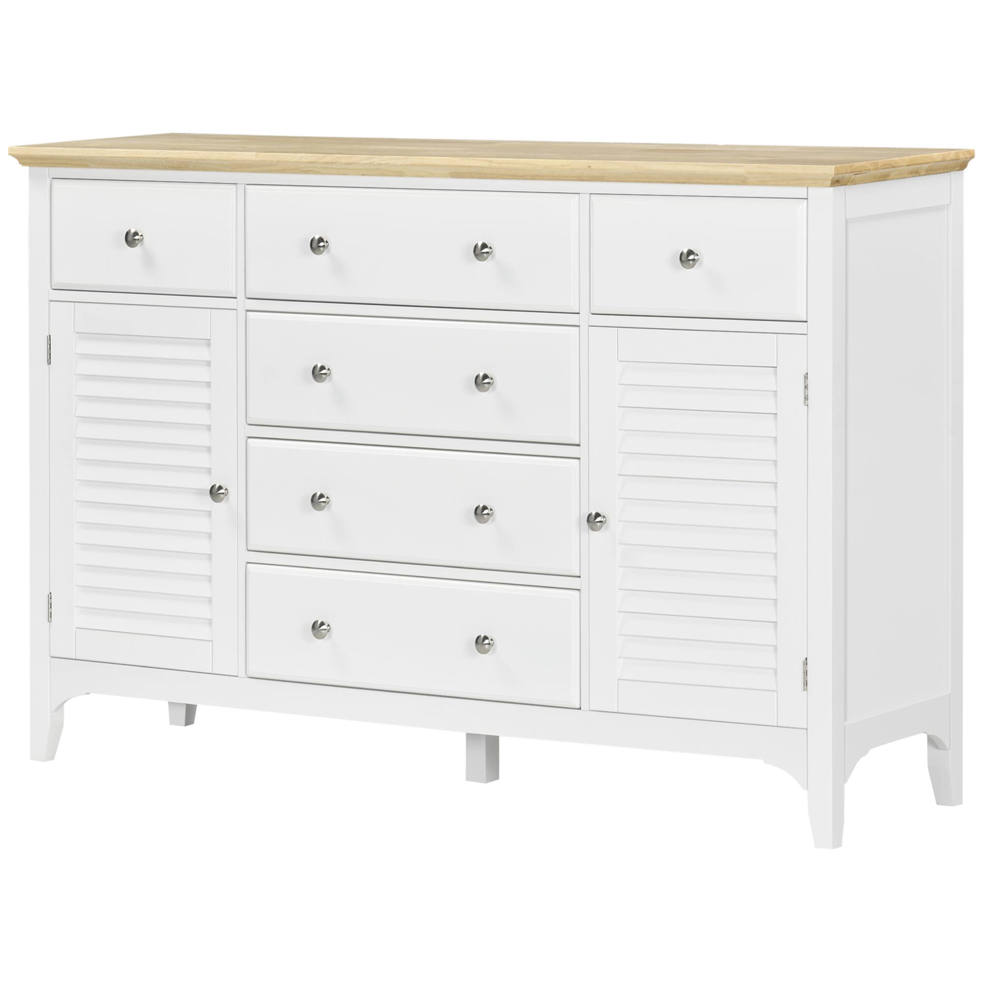 Front. Homcom - with Storage Drawers, Buffet Cabinet with Rubber Wood Top and Adjustable Shelves - White.