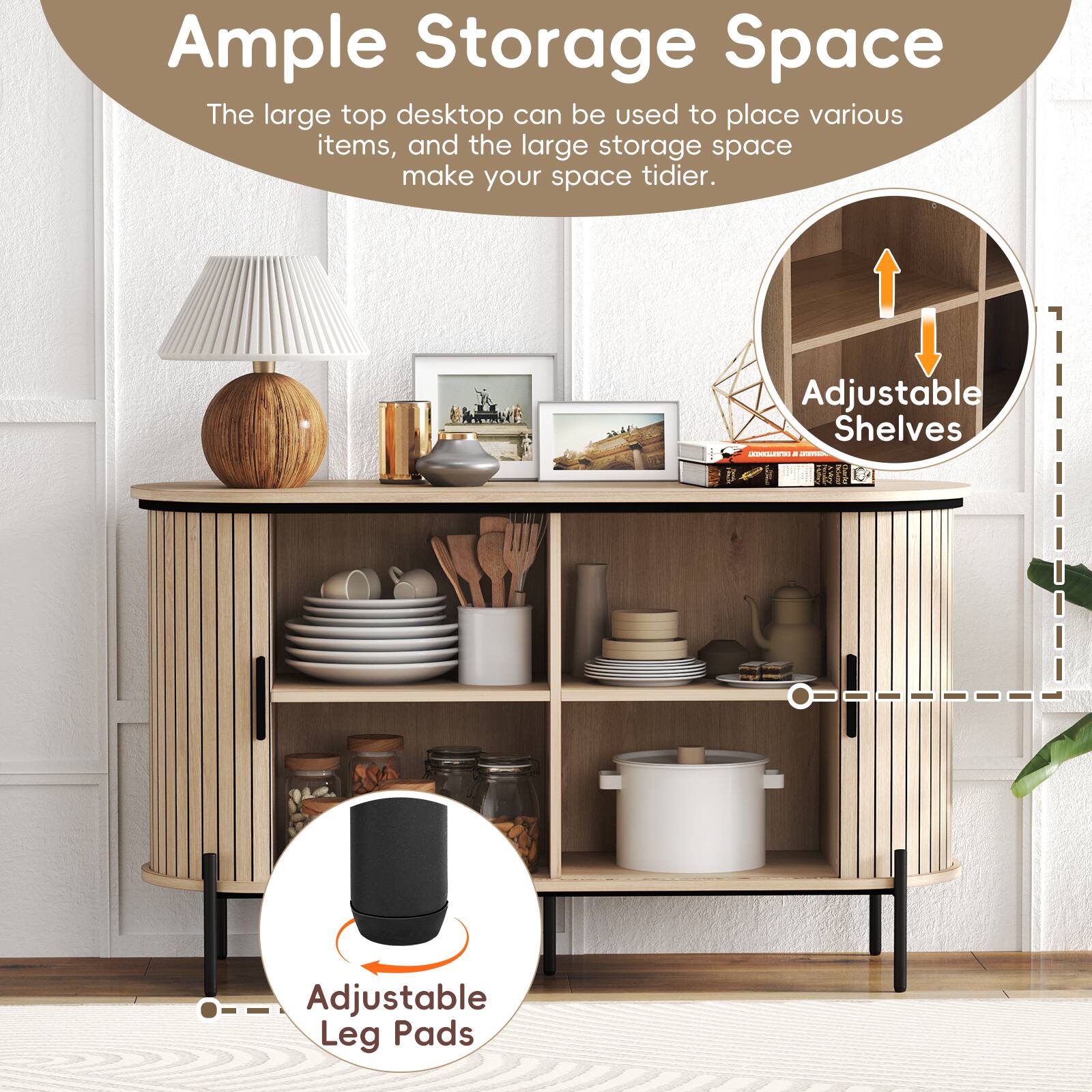 Ample Storage Space  
The large top desktop can be used to place various items, and the large storage space make your space tidier.  

Adjustable Shelves  
Adjustable Leg Pads