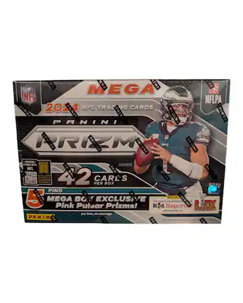 Sure, here is the corrected and grouped text from the image:
---
**MEGA**
**2024 NFL TRADING CARDS**
**PANINI PRIZM**
**42 CARL'S PER BOX**
**FIND MEGA BOX EXCLUSIVE Pink Pulsar Prizms!**
**per box, on average**
**OFFICIAL PANINI NFTs**
**WIN a chance to be the Panini Super Bowl LIX**
**NO PURCHASE NECESSARY - SEE PANINI DETAILS**
**Kfd Report paninikidreporter.com**
**SUPER BOWL**
**PANINI**
**NFLPA**
**PANINI**
**PANINI**
**PANINI**
**PANINI**
**PANINI**
**PANINI**
**PANINI**
**PANINI**
**PANINI**
**PANINI**
**PANINI**
**PANINI**
**PANINI**
**PANINI**
**PANINI**
**PANINI**
**PANINI**
**PANINI**
**PANINI**
**PANINI**
**PANINI**
**PANINI**
**PANINI**
**PANINI**
**PANINI