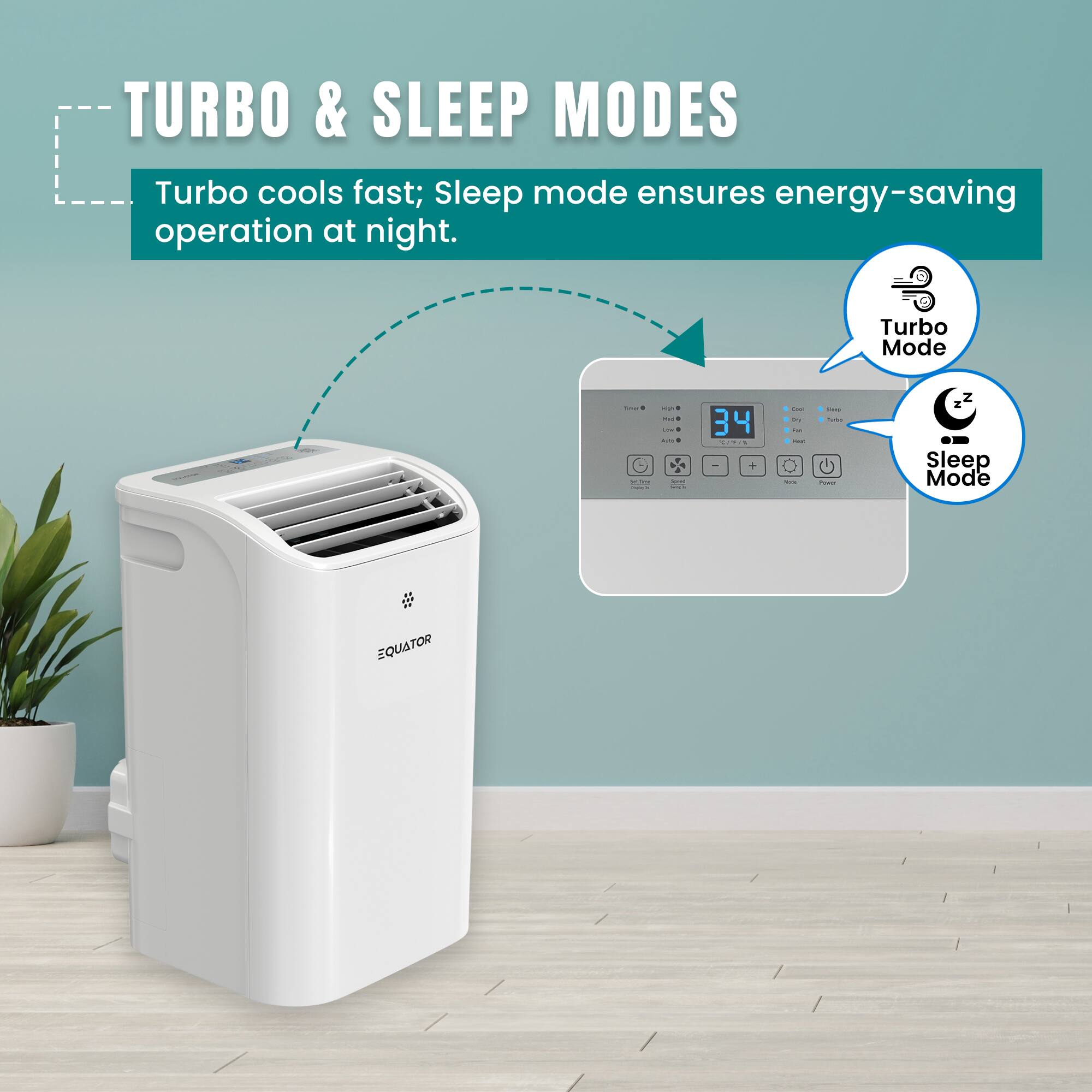 TURBO & SLEEP MODES

Turbo cools fast; Sleep mode ensures energy-saving operation at night.

Turbo Mode

Sleep Mode

EQUATOR