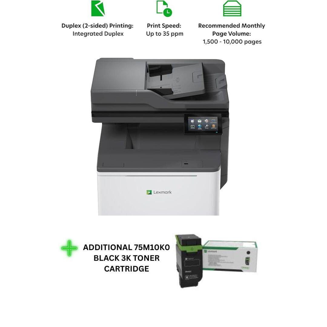 Duplex (2-sided) Printing: Integrated Duplex  
Print Speed: Up to 35 ppm  
Recommended Monthly Page Volume: 1,500 - 10,000 pages  
Lexmark  
+ ADDITIONAL 75M10K BLACK 3K TONER CARTRIDGE