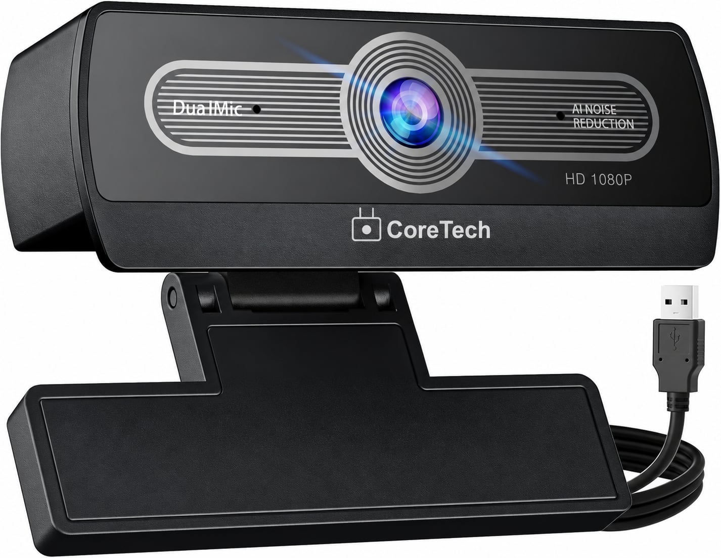 Core Tech - Full HD 1080p Pro USB Webcam with Dual Noise-Canceling Microphones, Auto Light Correction and Foldable Clip - Black