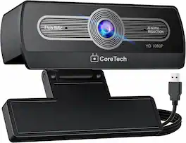 Core Tech - Full HD 1080p Pro USB Webcam with Dual Noise-Canceling Microphones, Auto Light Correction and Foldable Clip - Black