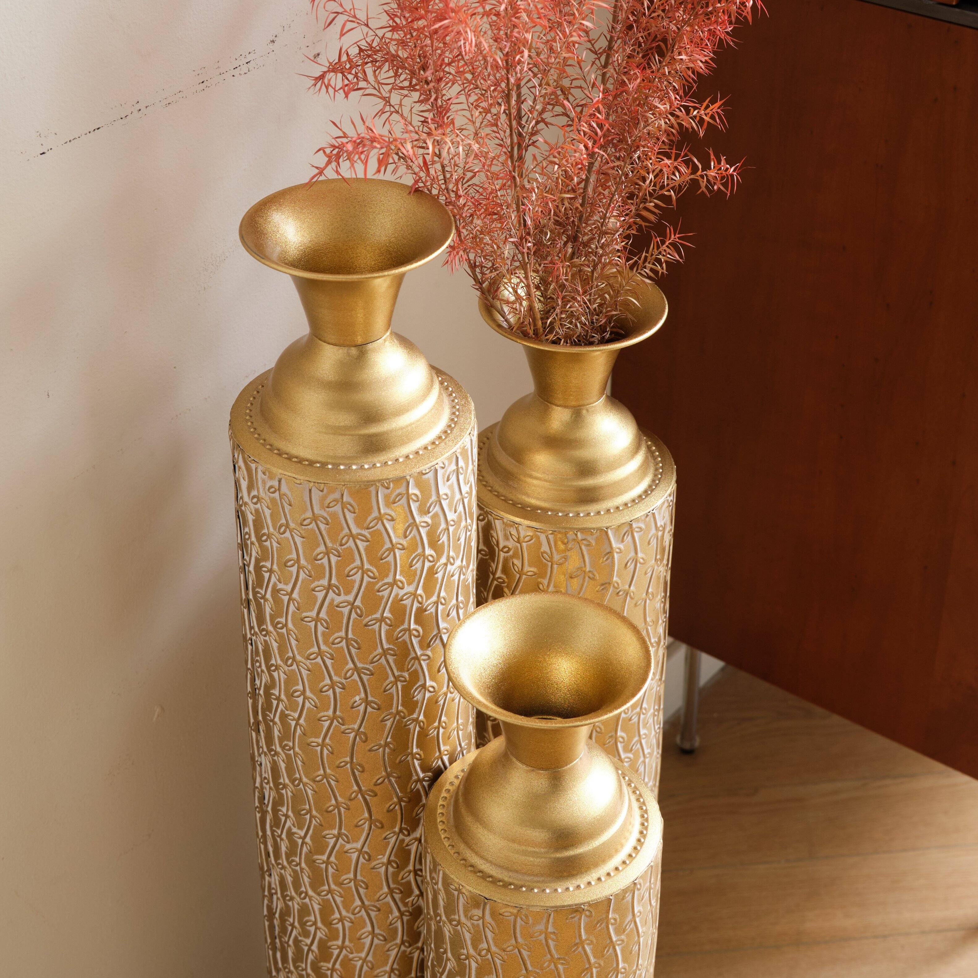 Angle. Anysun - Metal Decorative Vases Set of 3 - High Distress Finish with Vine Patterns, 34"/29"/25"H for Home Decor - Gold.