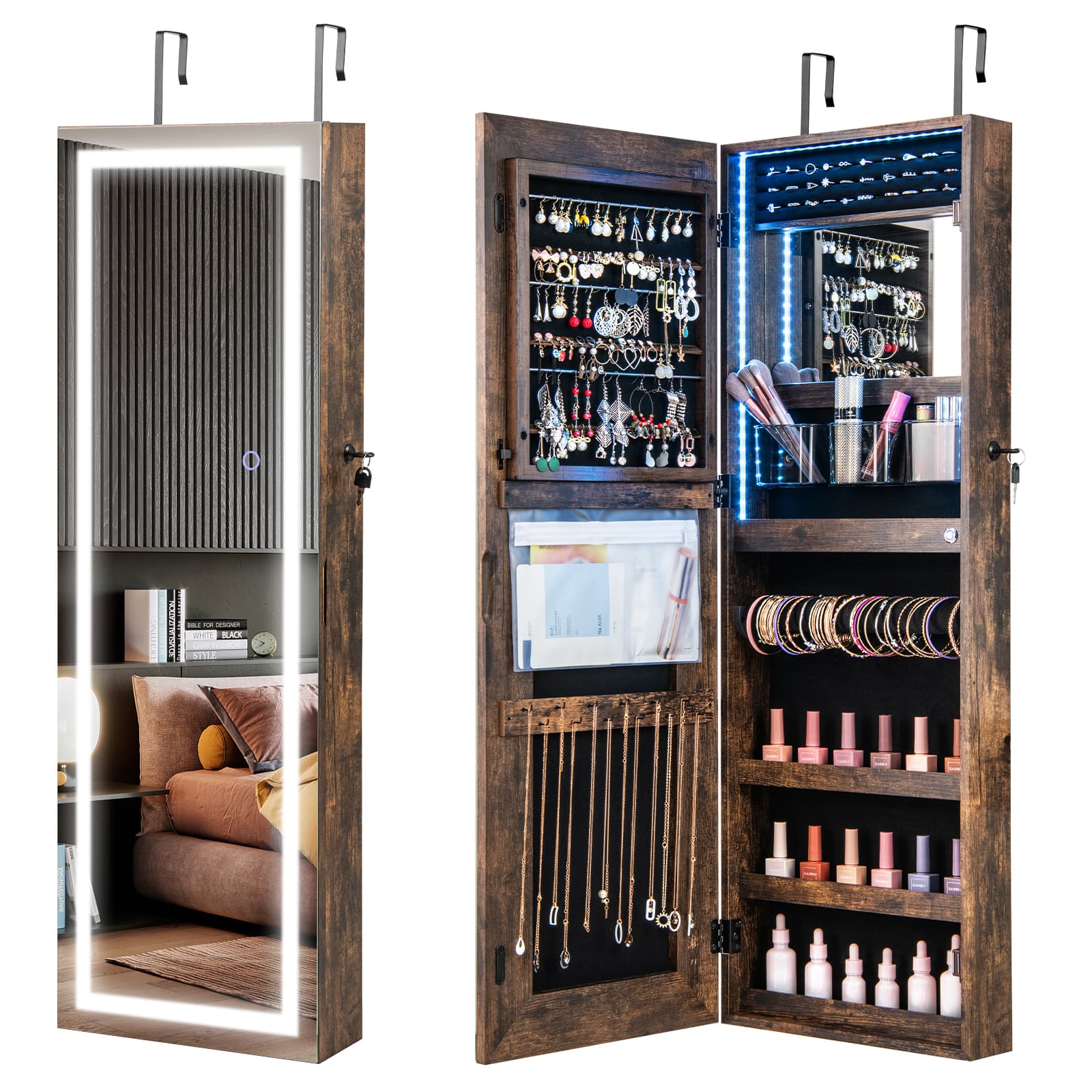 Ecooso - 42.5" Lockable Wall Jewelry Mirror Cabinet with LED Lights and Storage Organizer