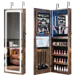Ecooso - 42.5" Lockable Wall Jewelry Mirror Cabinet with LED Lights and Storage Organizer