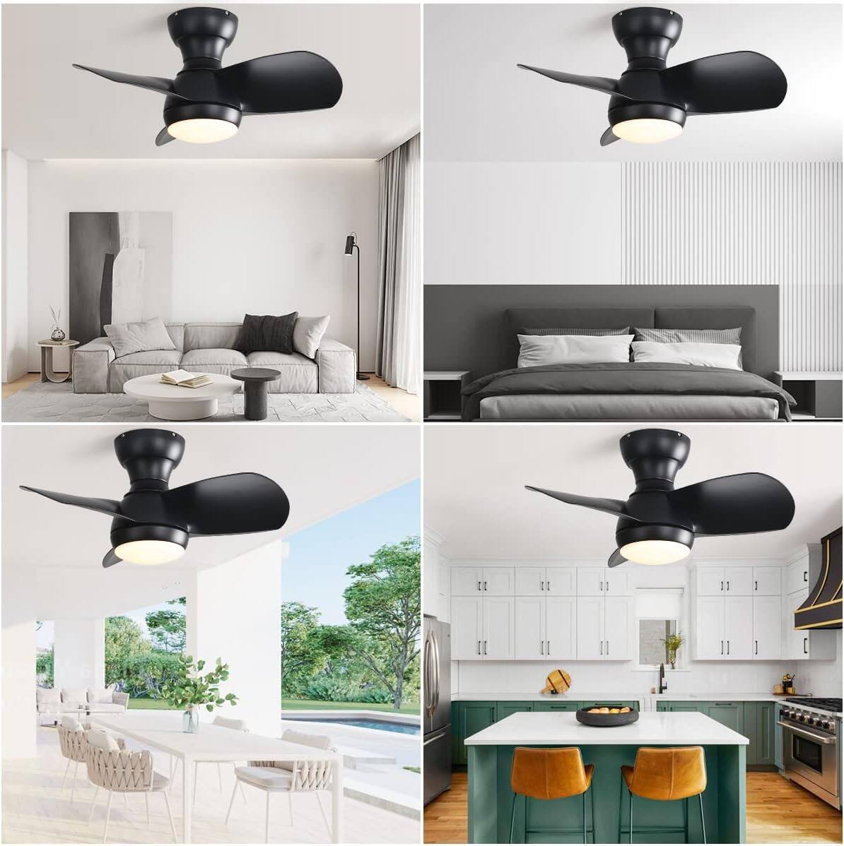 Back. HOMLUX - 23 Inch Bedroom Ceiling Fan With 3 ABS Blades Remote Control DC Motor Black With 18W Led Light, Black - Black.