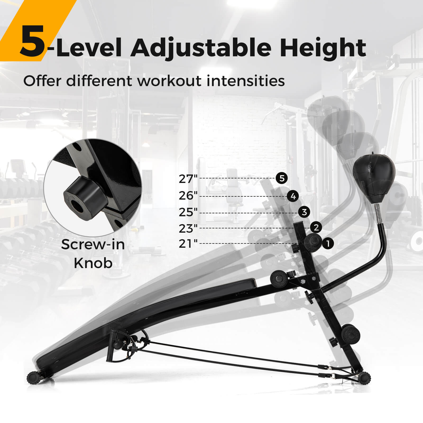 The text on the image is already grouped and correctly written. It reads: "5-Level Adjustable Height Offer different workout intensities Screw-in Knob 27" 26" 25" 23" 21" 5 4 3 2 1."