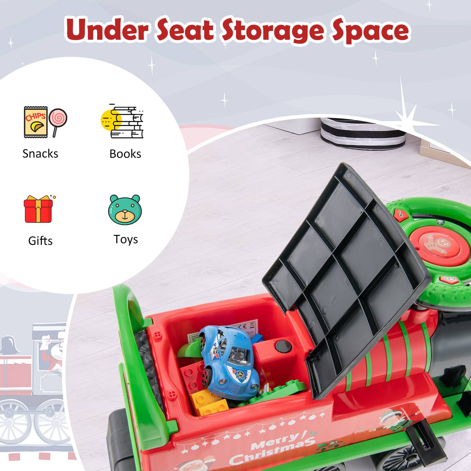 Under Seat Storage Space

- Snacks
- Books
- Gifts
- Toys

Merry Christmas