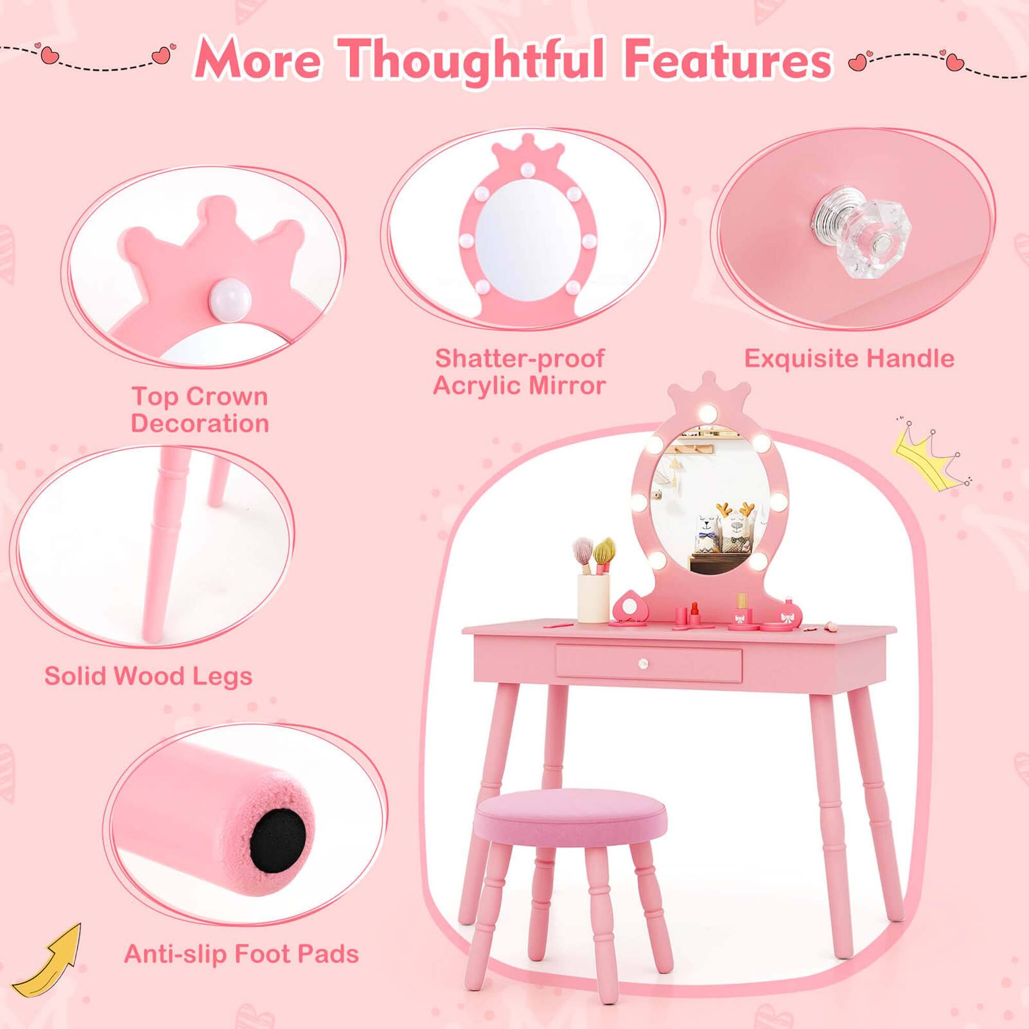 More Thoughtful Features:
- Top Crown Decoration
- Shatter-proof Acrylic Mirror
- Exquisite Handle
- Solid Wood Legs
- Anti-slip Foot Pads