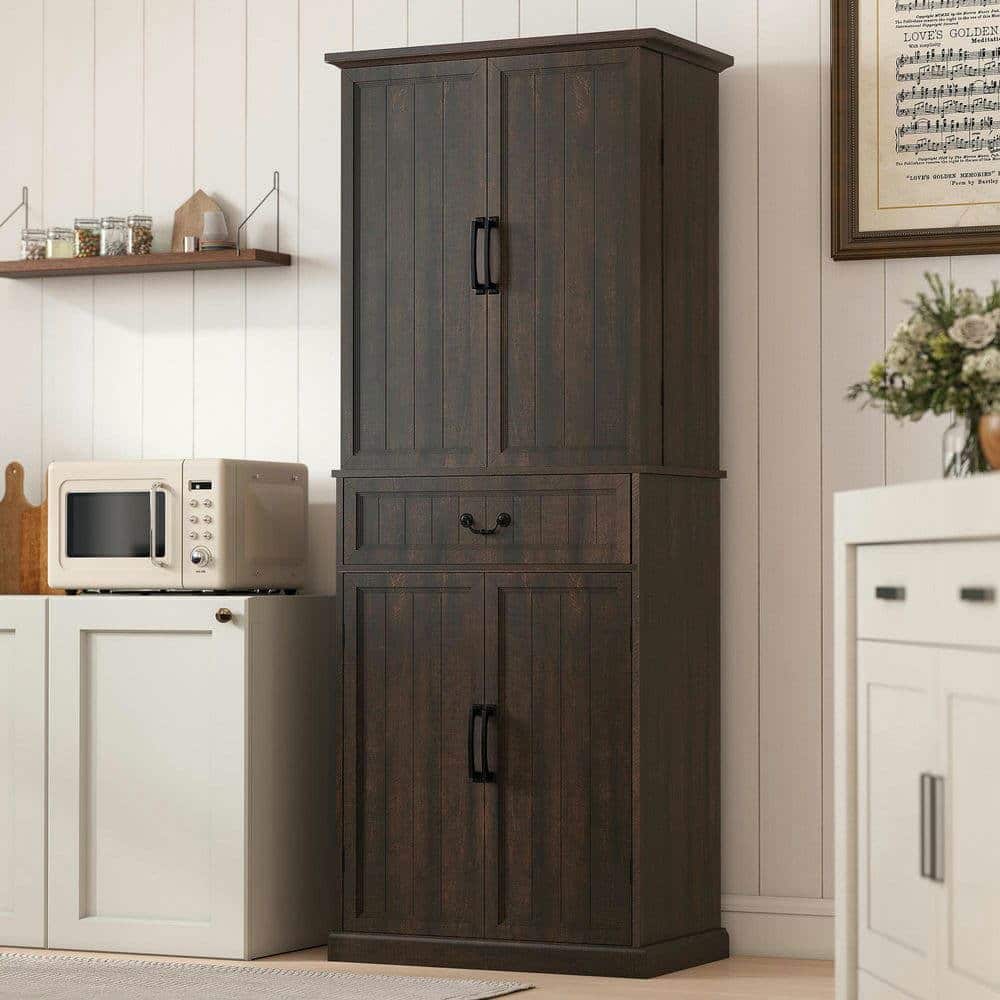 Kadyn - 71" Farmhouse Pantry with LED Interior Lighting and Door Shelves - Brown