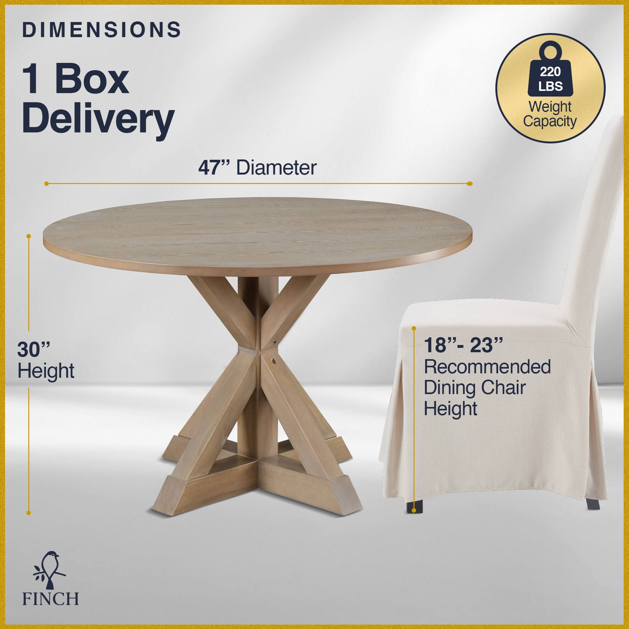 Angle. Finch - Alfred Round Modern Farmhouse Rubberwood Table - Rustic Beige.