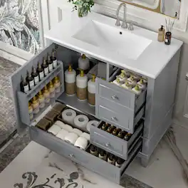 Loheer - 36 inch bathroom vanity with ceramic sink top, freestanding vanity, 3 drawers and cabinet - Gray