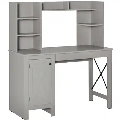 Front. Homcom - Computer Desk W/ Hutch, Home Office Desk W/ Storage Cabinet - Light Grey.