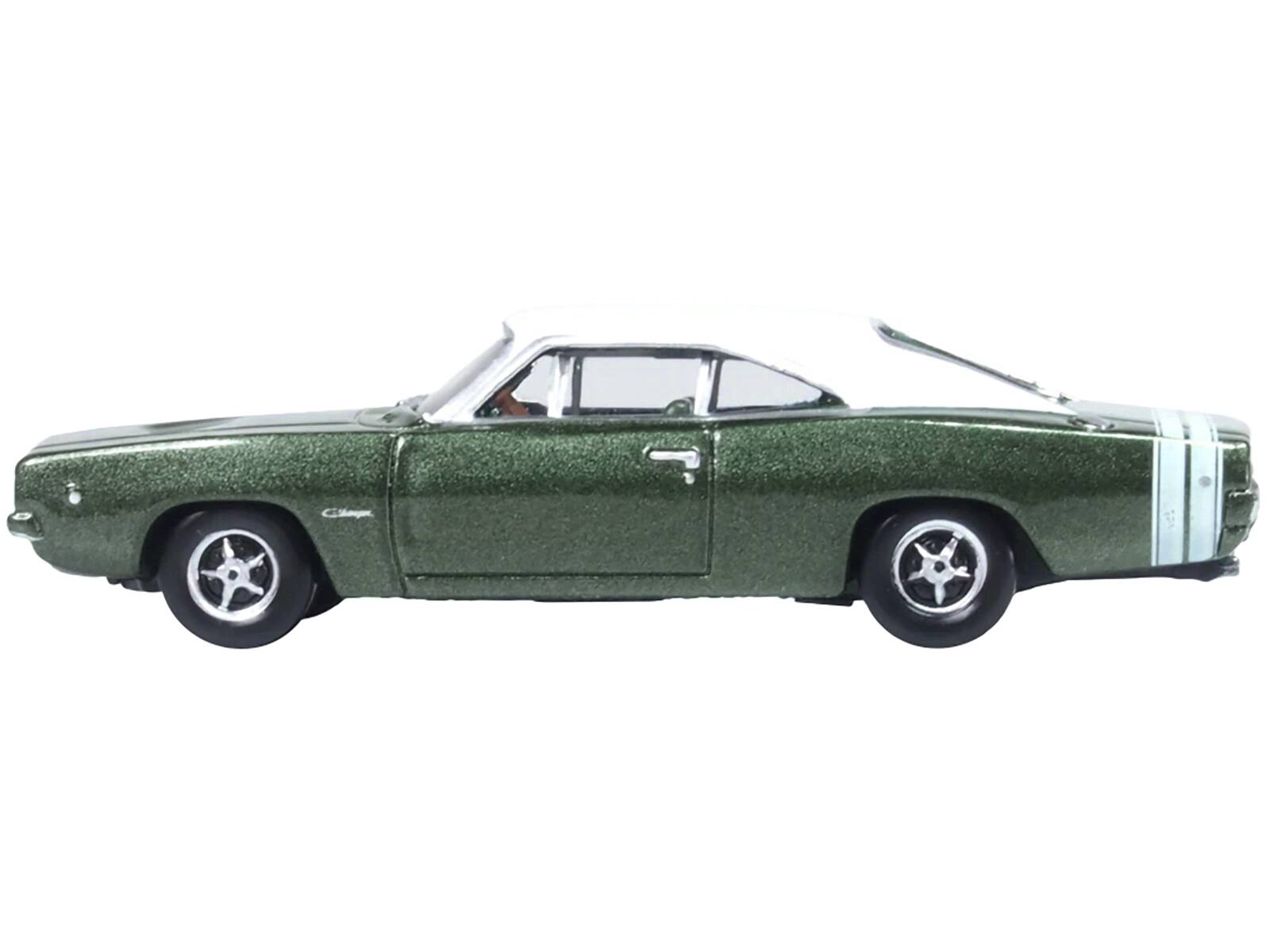 Angle. Oxford Diecast - 1968 Dodge Charger Racing Green Metallic with White Top and Tail Stripe 1/87 (HO) Scale - Green Metallic And White.