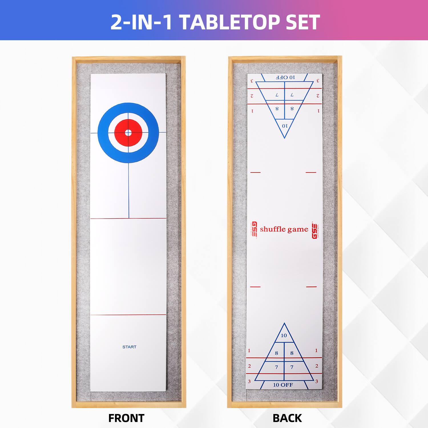 2-IN-1 TABLETOP SET | GSE shuffle game | 10 START | 8 8 1 2 7 7 2 3 10 OFF | FRONT BACK