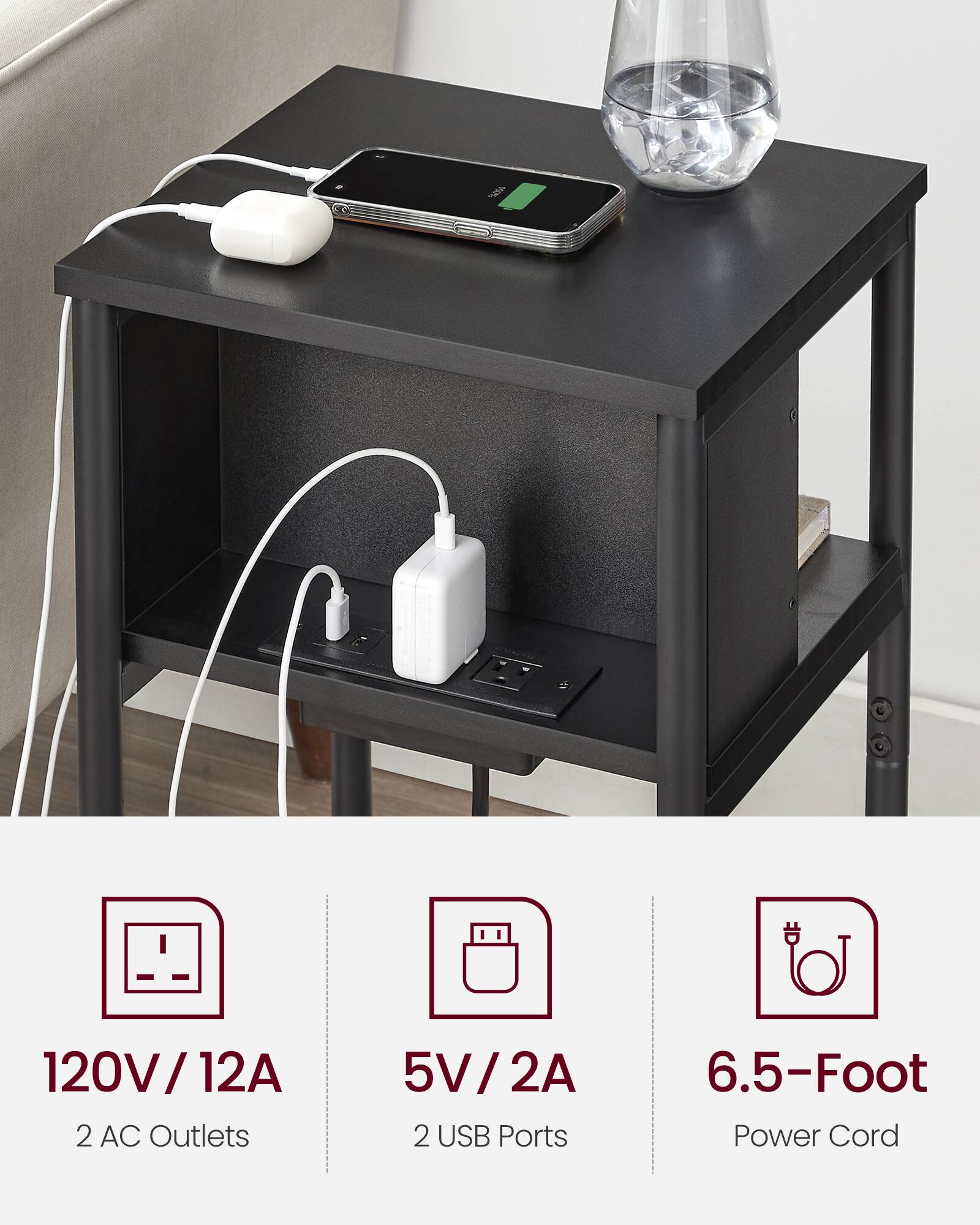 120V / 12A  
2 AC Outlets  

5V / 2A  
2 USB Ports  

6.5-Foot Power Cord