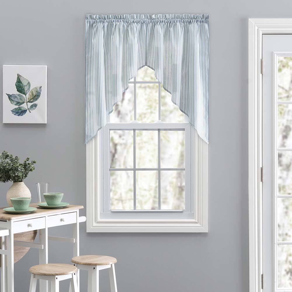 Angle. Ellis Curtain - Ellis Curtain Plaza Classic Ticking Stripe Printed on Natural Ground 1.5" Rod Pocket Tailored Swag 56" x 36" Blue - Blue.