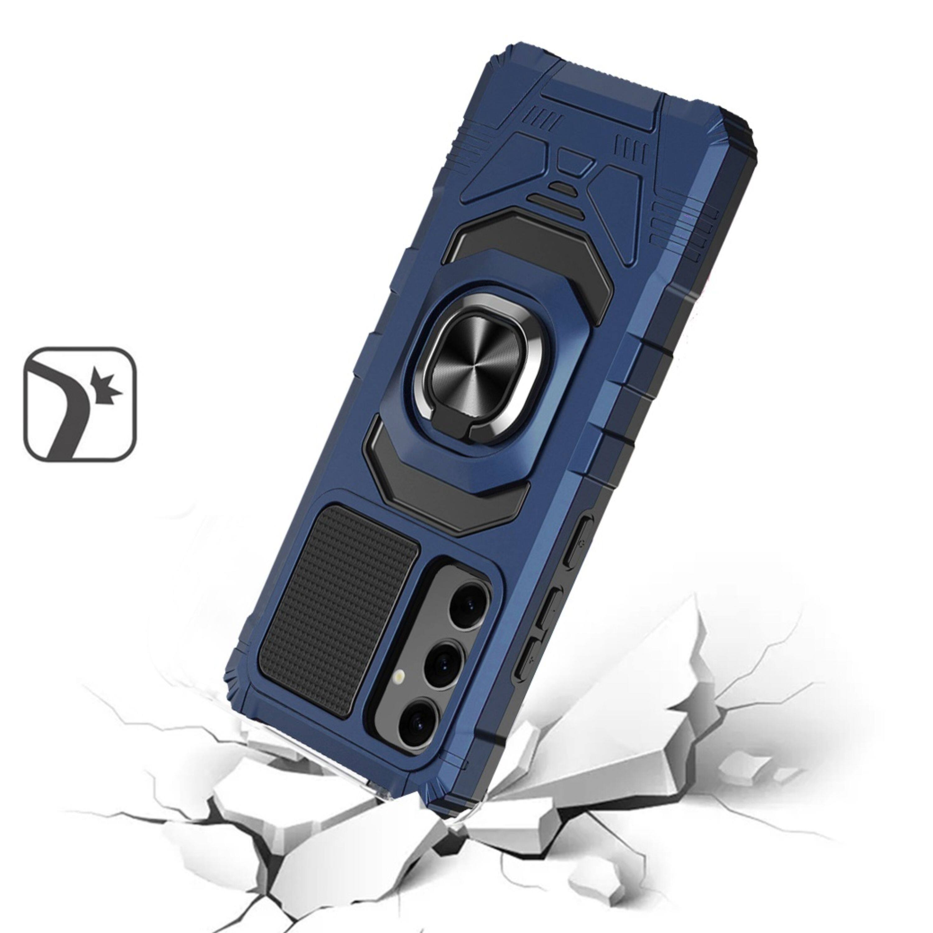 Left. Kitcheniva - Shockproof Two Layer Magnetic Ring Stand With Tempered Glass For Samsung Galaxy S25+/S24+ Dark Blue - Dark Blue.