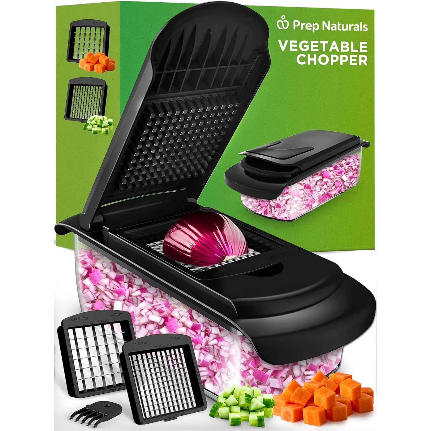 PARKER SLATER - 4-in-1 Vegetable Chopper with Container, Mandoline Slicer, Food and Onion Cutter for Kitchen Use - Black